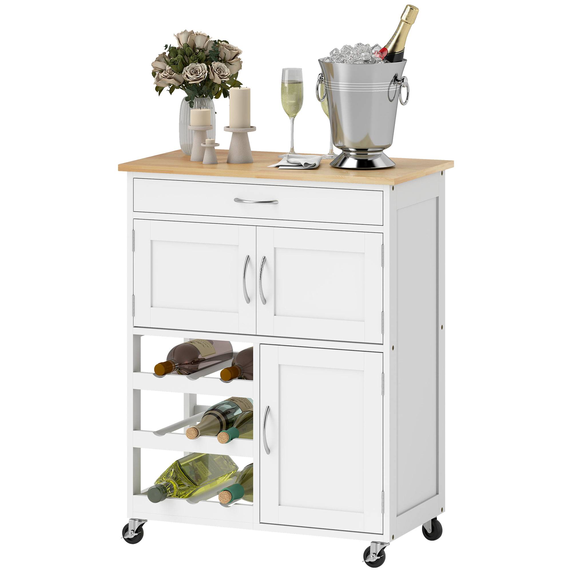 Desserte de cuisine multi rangements 2 placards tiroir casier 9 bouteilles MDF blanc plateau bois caoutchouc - Image 2