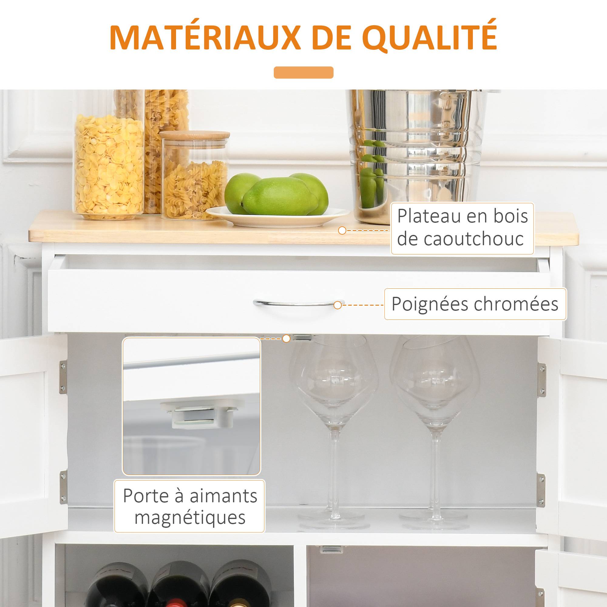 Desserte de cuisine multi rangements 2 placards tiroir casier 9 bouteilles MDF blanc plateau bois caoutchouc - Image 8