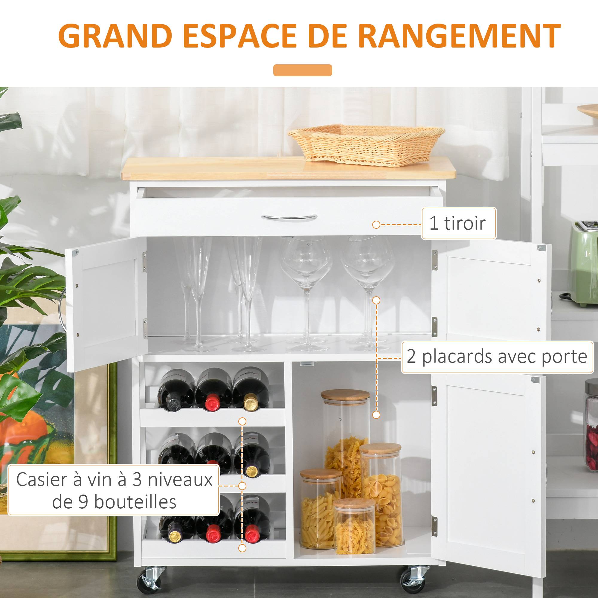 Desserte de cuisine multi rangements 2 placards tiroir casier 9 bouteilles MDF blanc plateau bois caoutchouc - Image 6