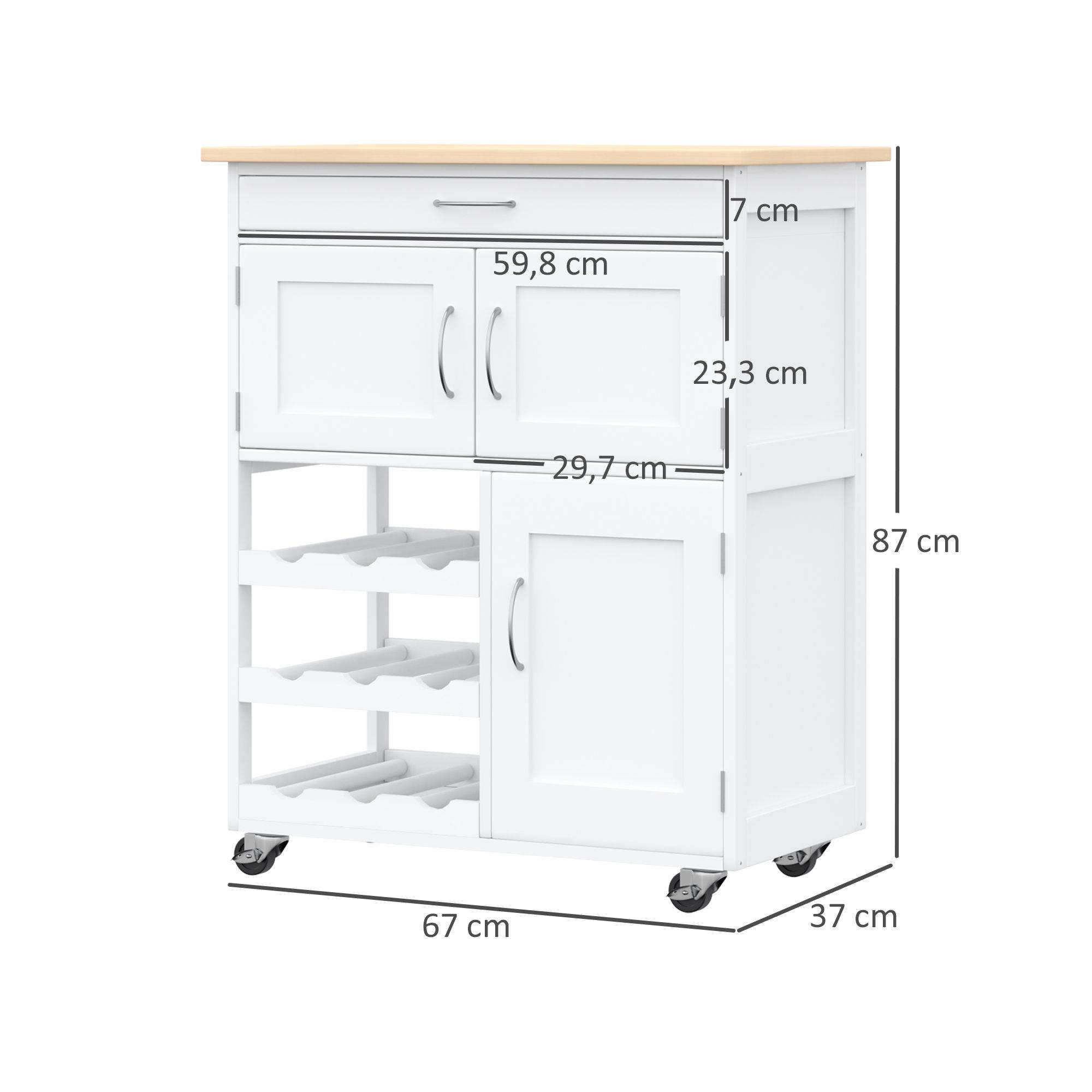 Desserte de cuisine multi rangements 2 placards tiroir casier 9 bouteilles MDF blanc plateau bois caoutchouc - Image 5