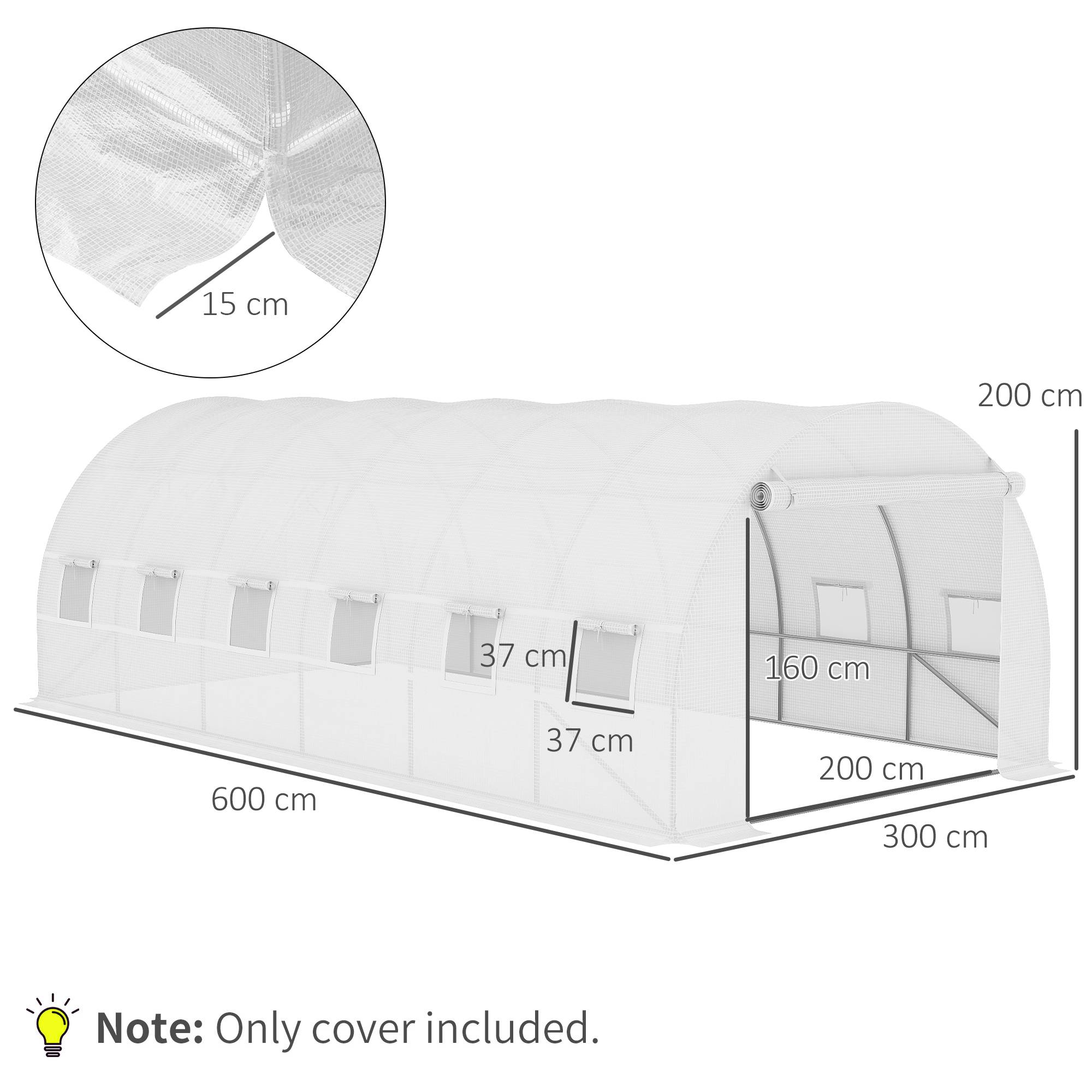 Bâche de rechange pour serre tunnel 18 m² 6x3x2 m en PE imperméable UV avec 12 fenêtres et porte zippée verte - Image 5