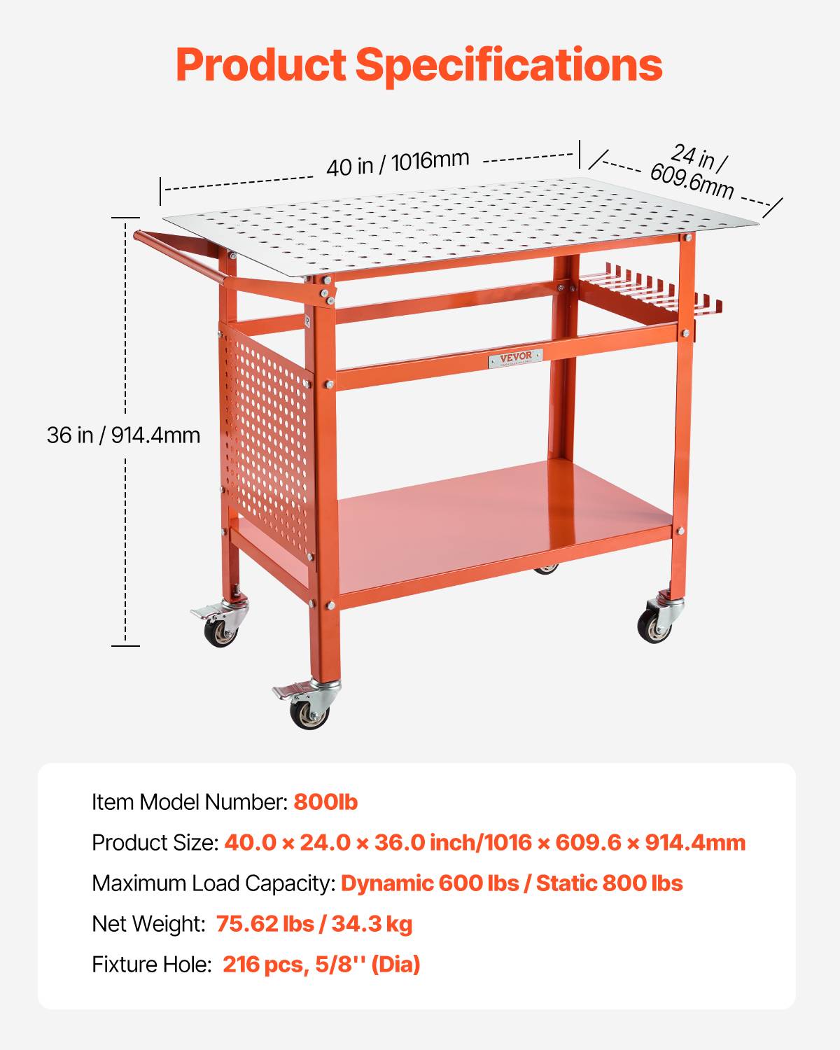 VEVOR Table soudure 1016x609,6 mm, acier mobile, charge 363 kg, 4 roues. - Image 7