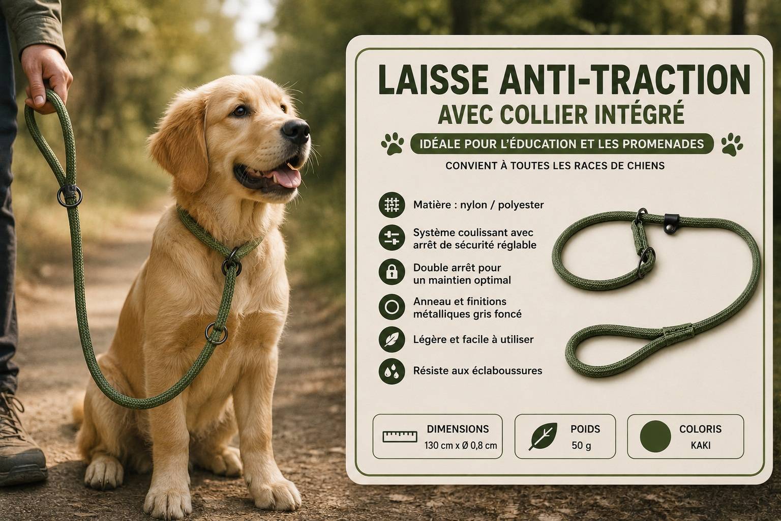 Laisse anti-traction Aiden kaki 1,3m 8mm - Image 7