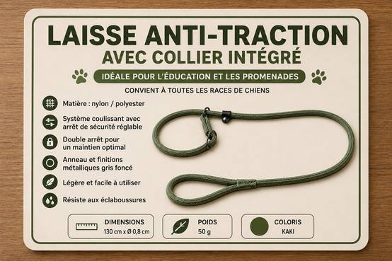 Laisse anti-traction Aiden kaki 1,3m 8mm - Image 6