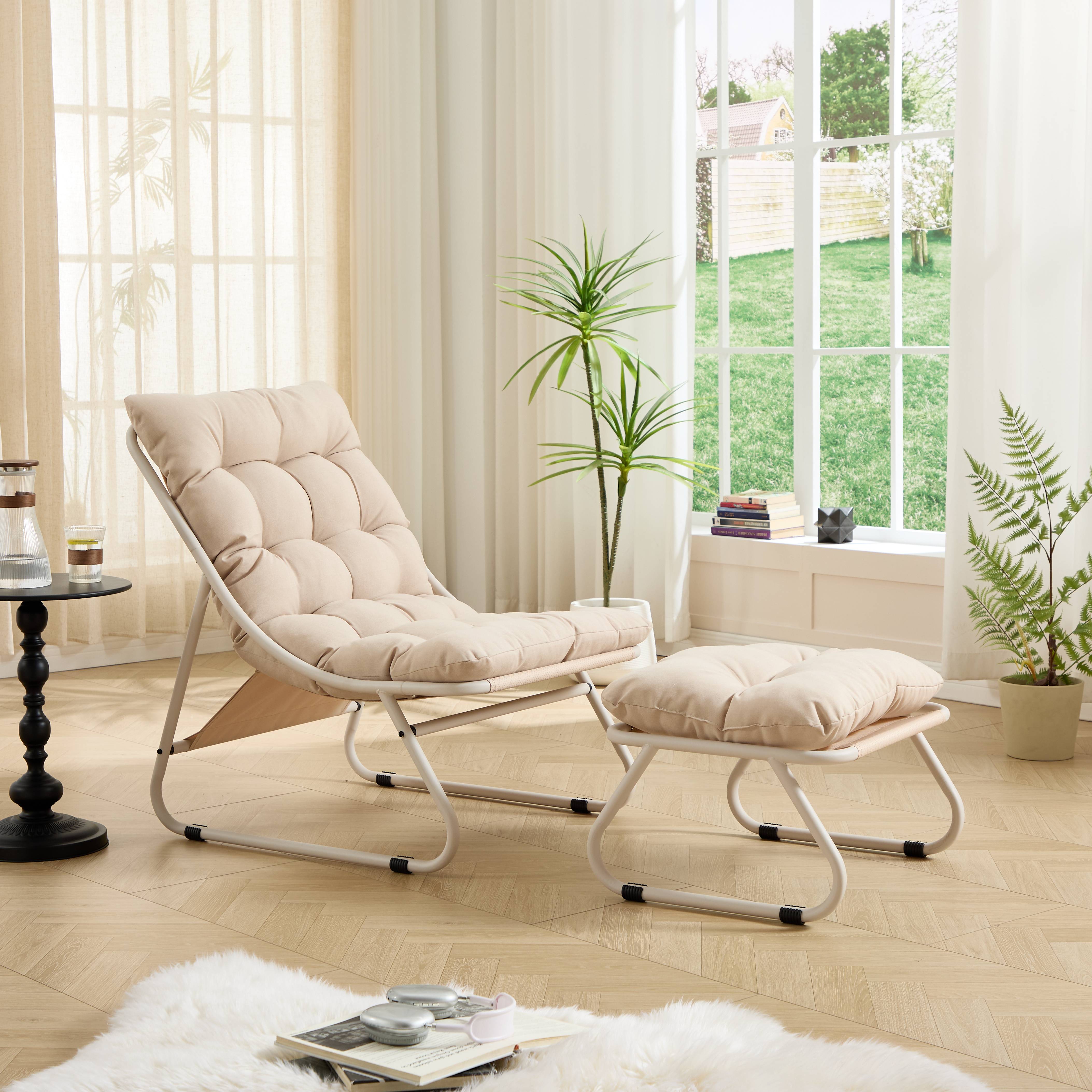 Fauteuil patio inclinable avec ottoman cadre beige et coussin confortable parfait pour salon chambre et salle de lecture - Image 4