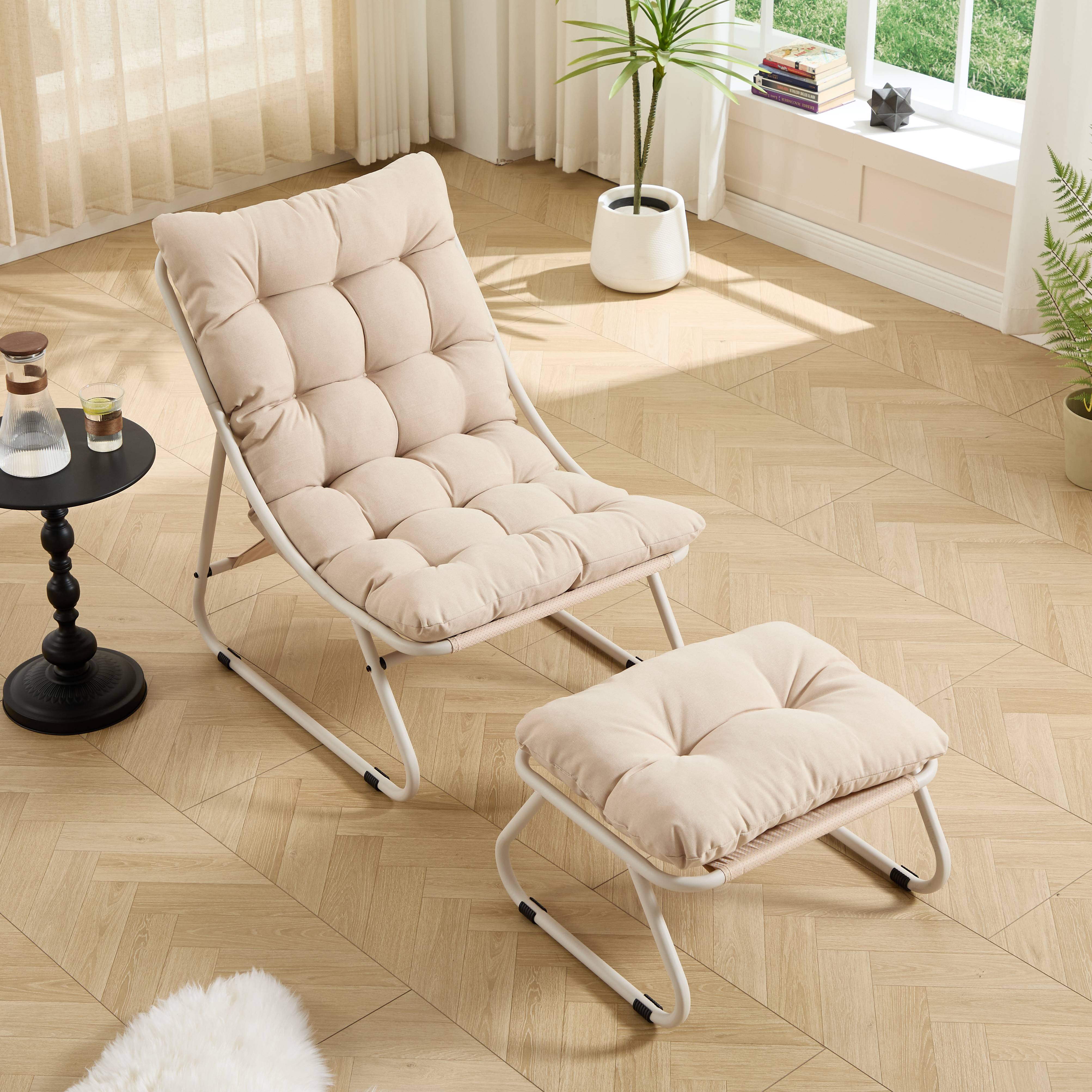 Fauteuil patio inclinable avec ottoman cadre beige et coussin confortable parfait pour salon chambre et salle de lecture - Image 5
