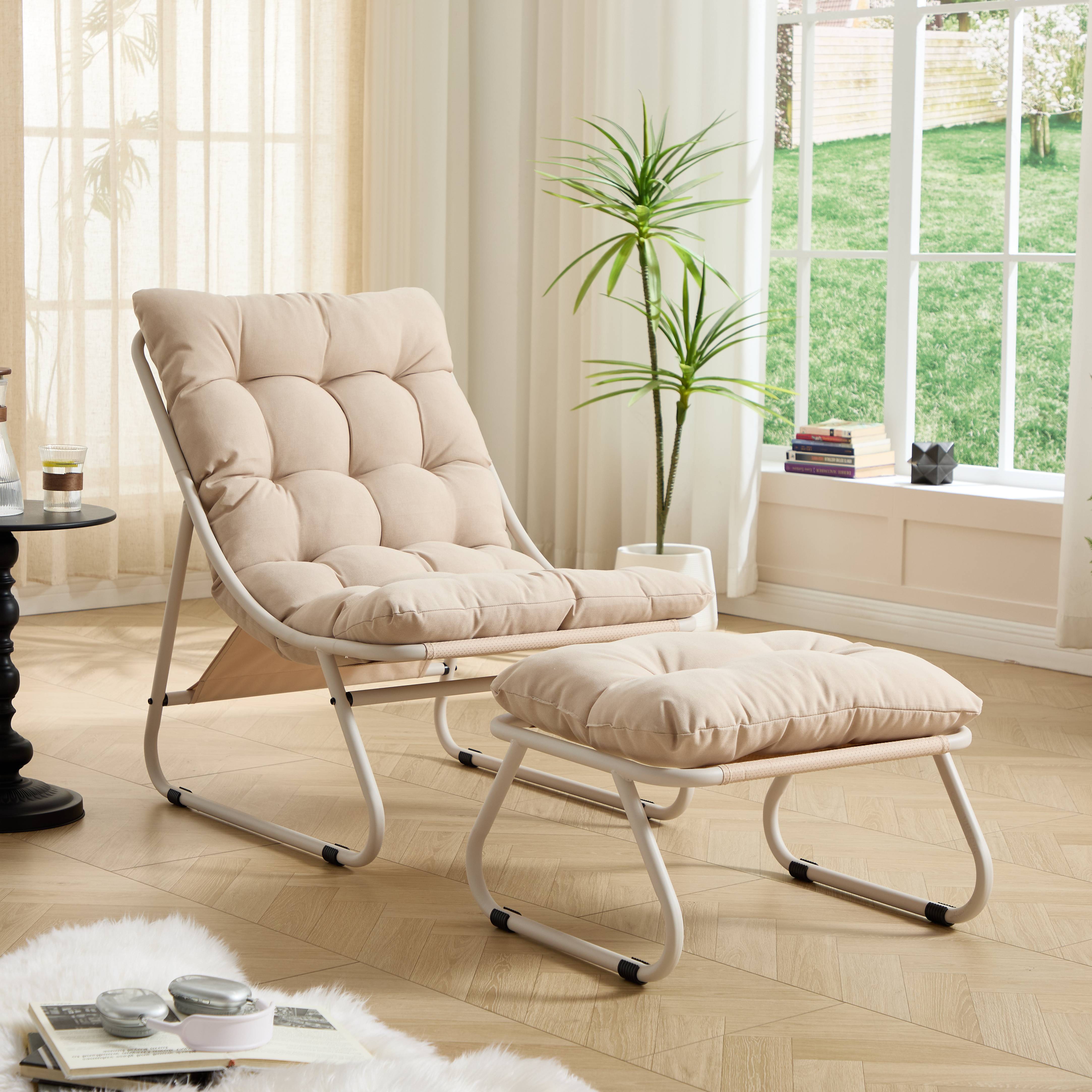 Fauteuil patio inclinable avec ottoman cadre beige et coussin confortable parfait pour salon chambre et salle de lecture - Image 1