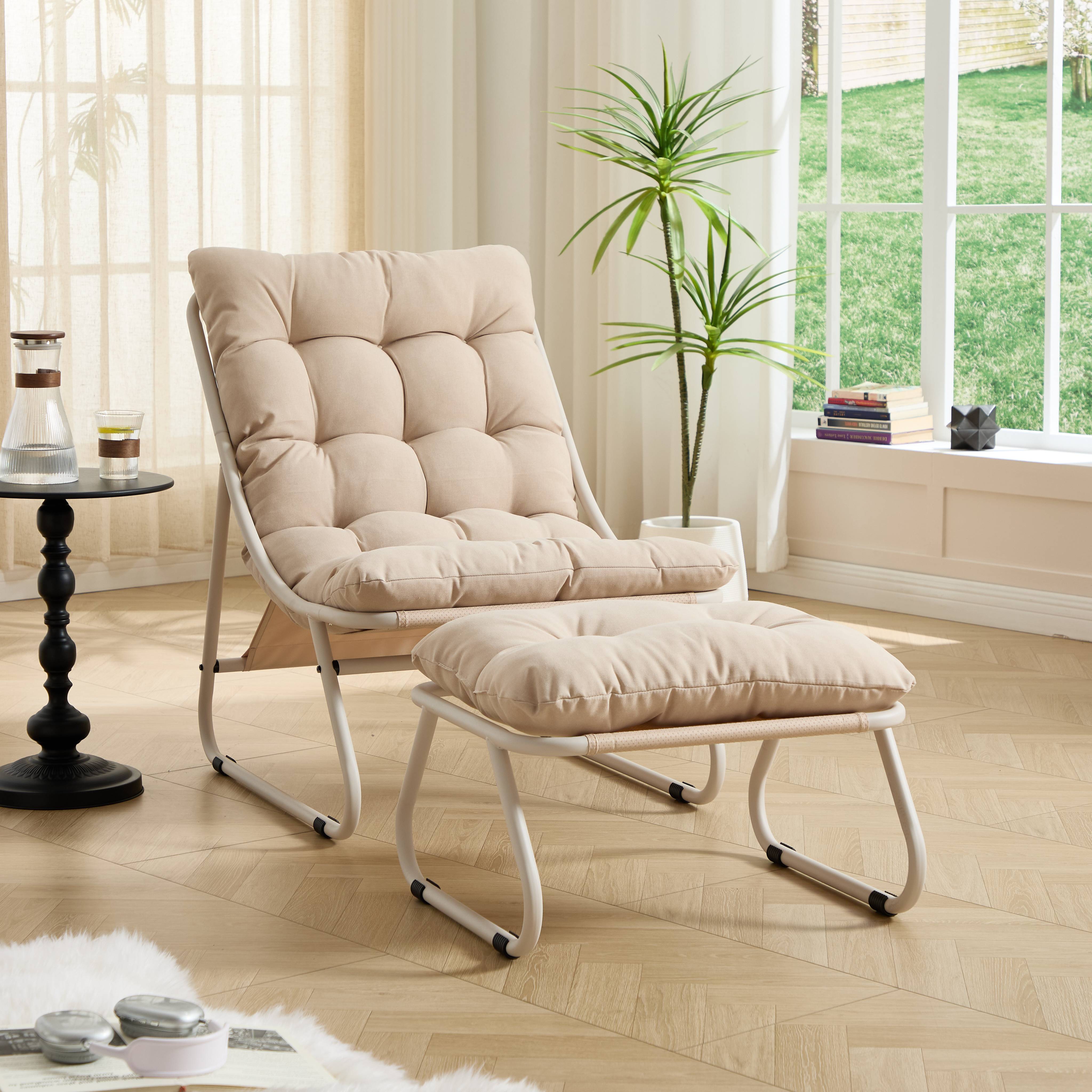 Fauteuil patio inclinable avec ottoman cadre beige et coussin confortable parfait pour salon chambre et salle de lecture - Image 2