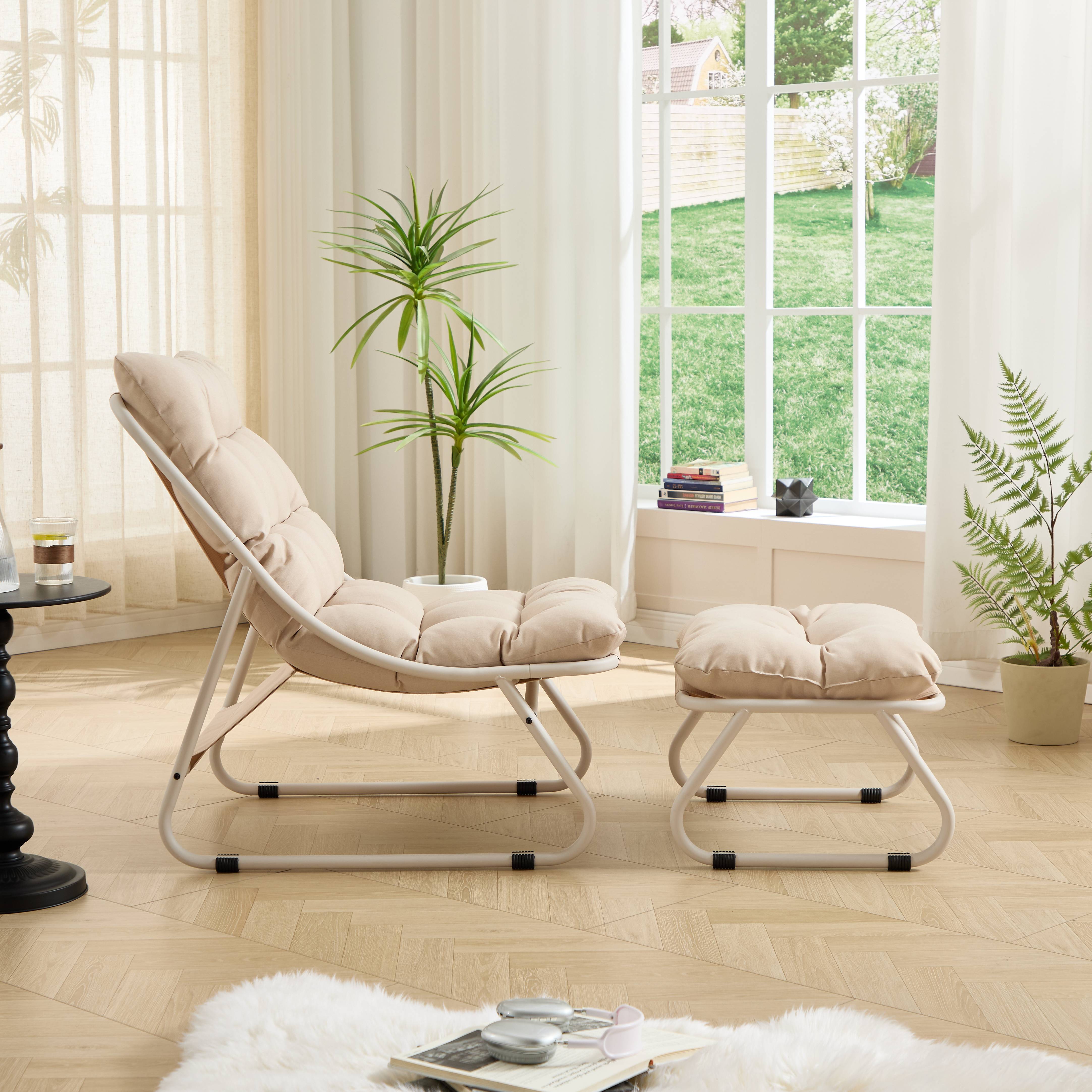 Fauteuil patio inclinable avec ottoman cadre beige et coussin confortable parfait pour salon chambre et salle de lecture - Image 3