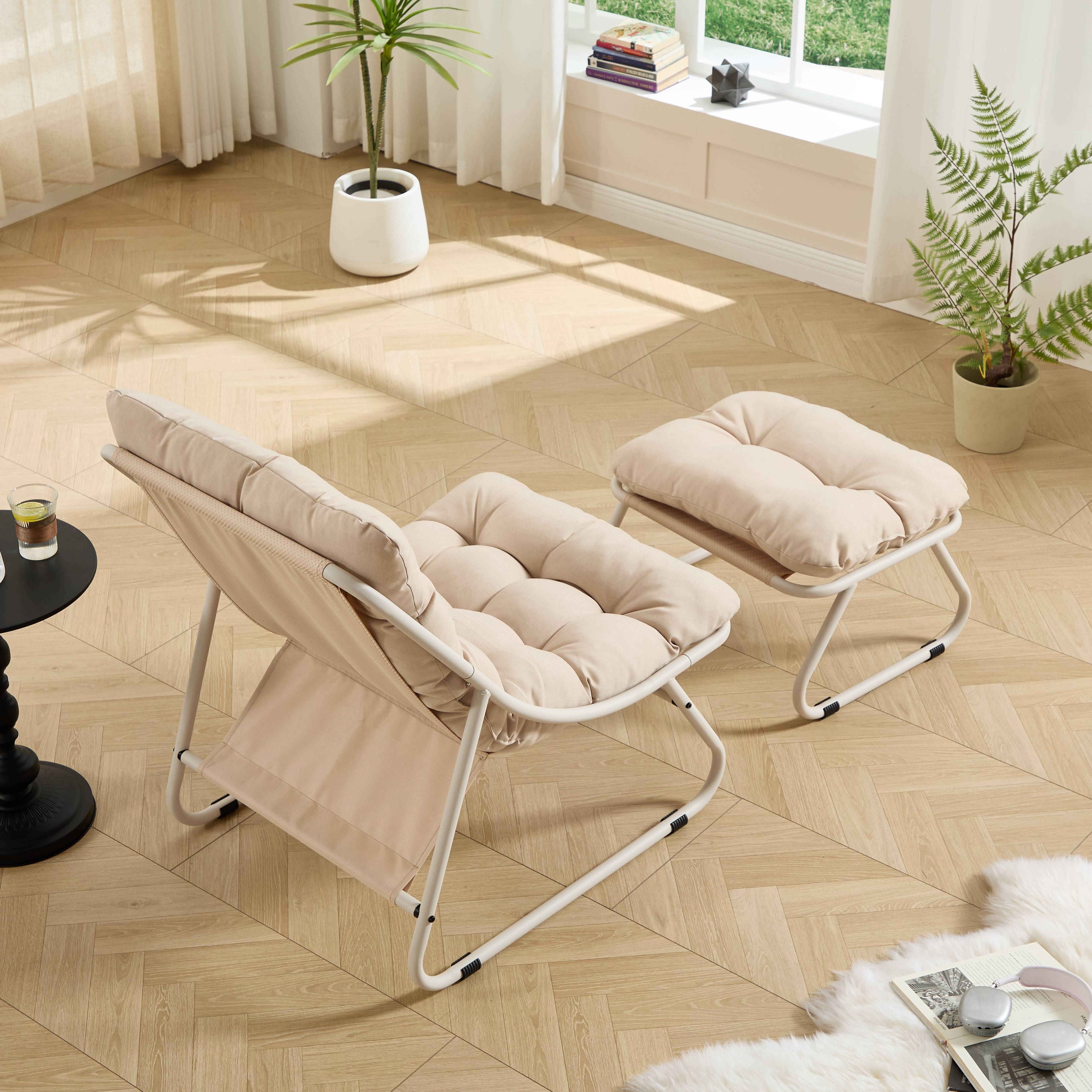Fauteuil patio inclinable avec ottoman cadre beige et coussin confortable parfait pour salon chambre et salle de lecture - Image 6