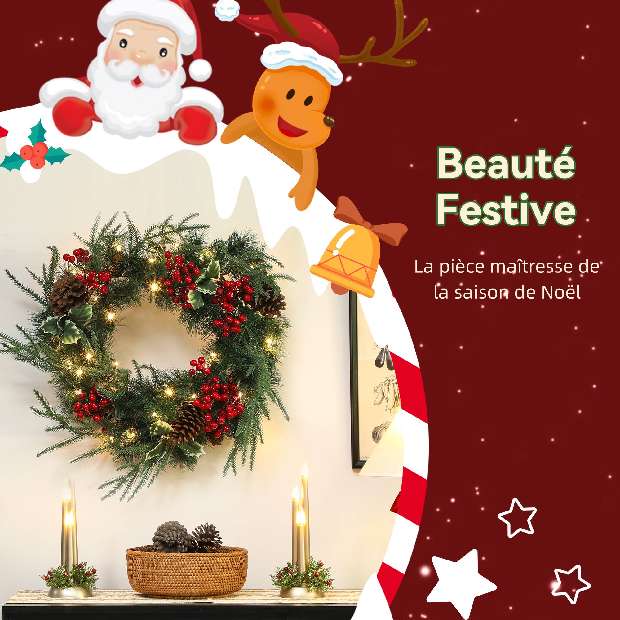 Couronne Noël lumineuse 60cm, 35 LED, minuterie, 170 branches, pommes pin, baies, houx, vert - Image 6
