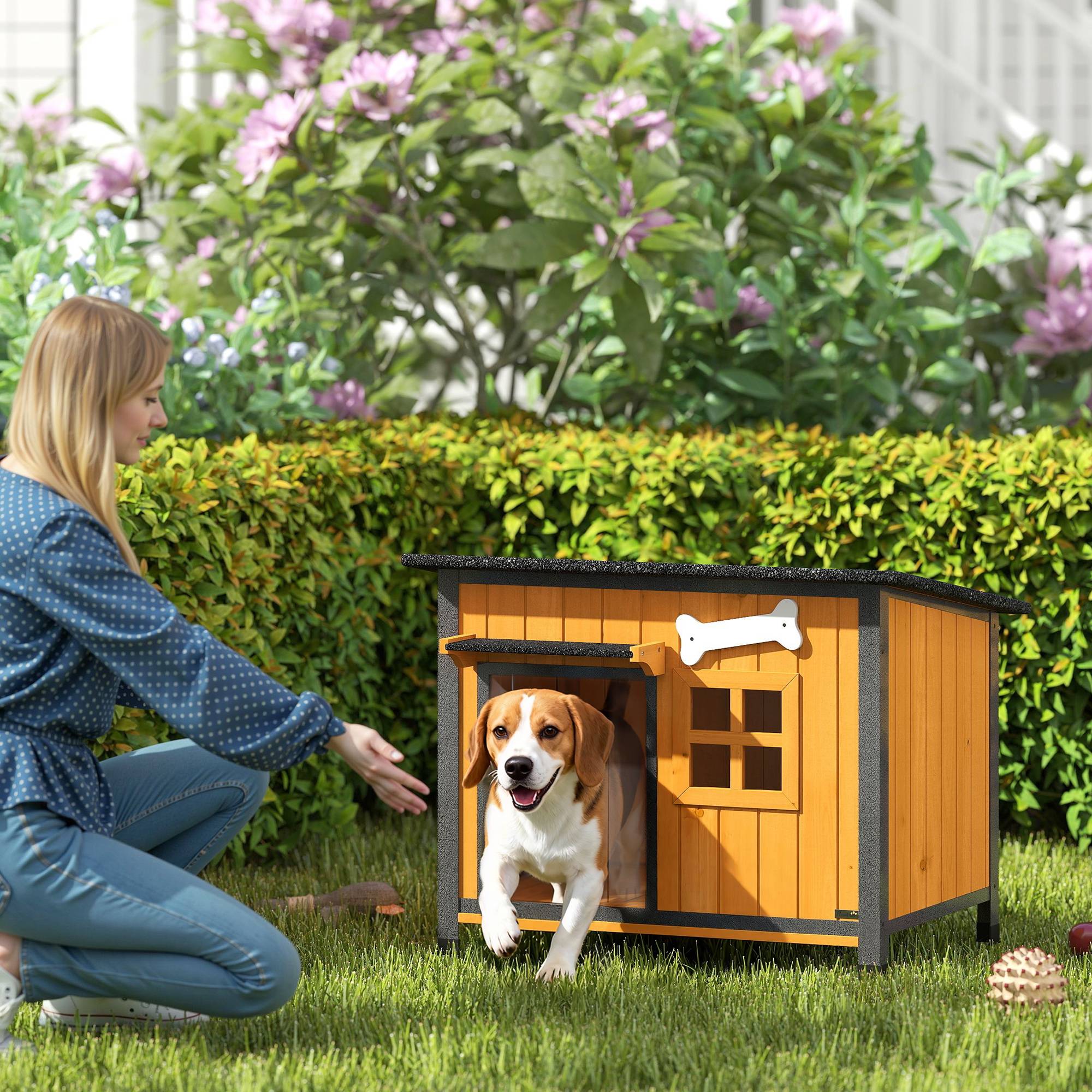 ComfortXL - Niche pour chien extérieure en bois de sapin et acier jaune 84,5 x 62 x 65 cm avec toit ouvrant et bac coulissant - Image 1