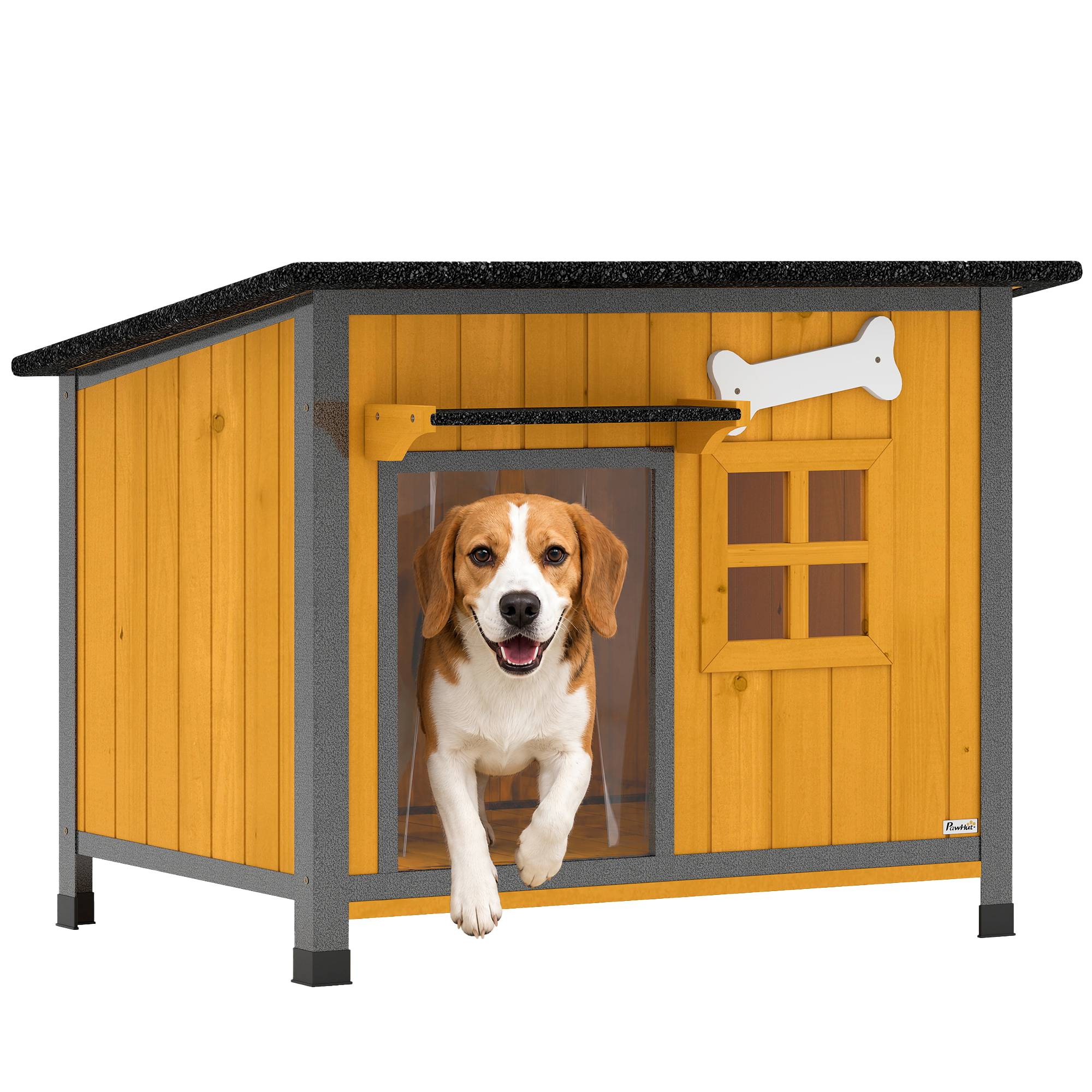 ComfortXL - Niche pour chien extérieure en bois de sapin et acier jaune 84,5 x 62 x 65 cm avec toit ouvrant et bac coulissant - Image 2