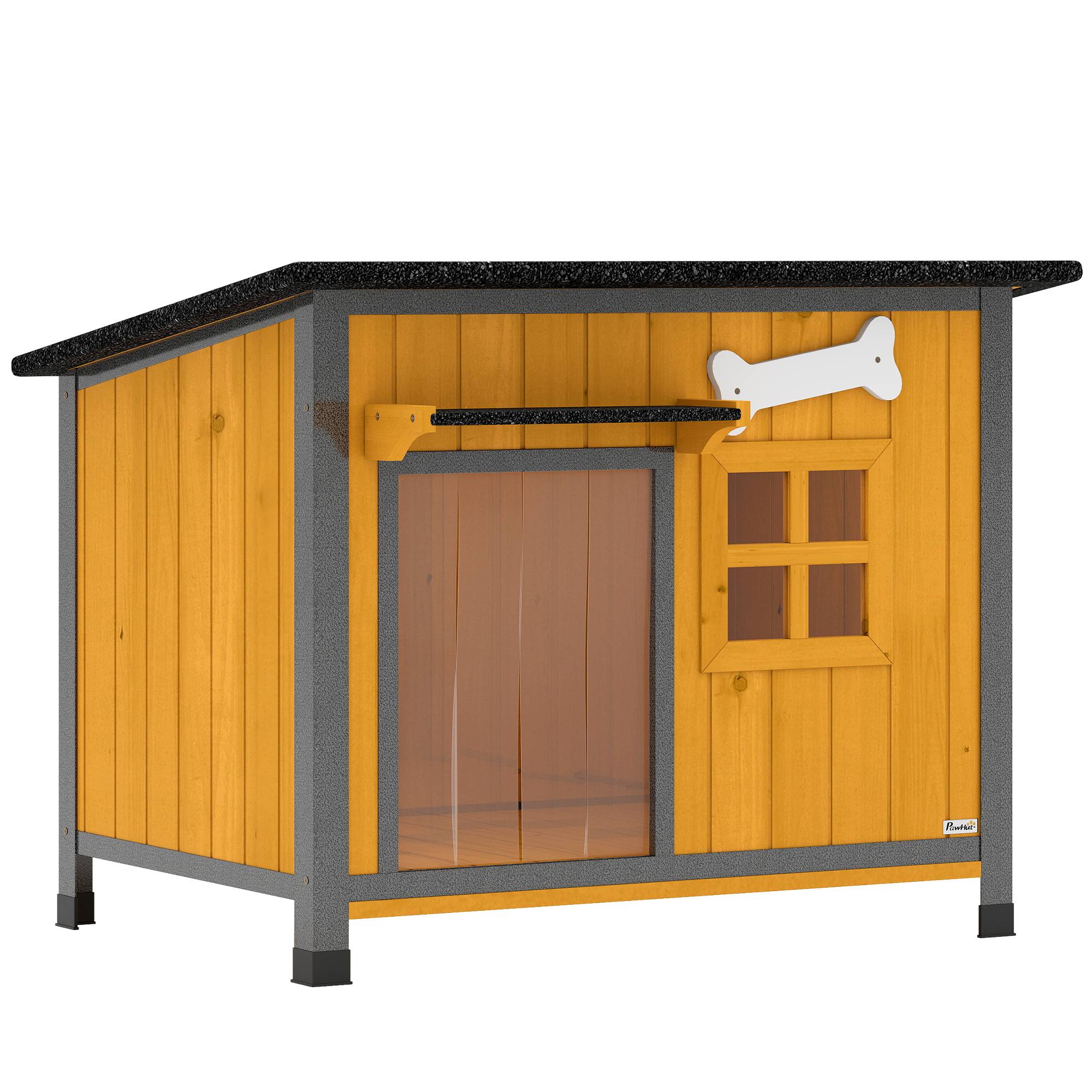 ComfortXL - Niche pour chien extérieure en bois de sapin et acier jaune 84,5 x 62 x 65 cm avec toit ouvrant et bac coulissant - Image 10