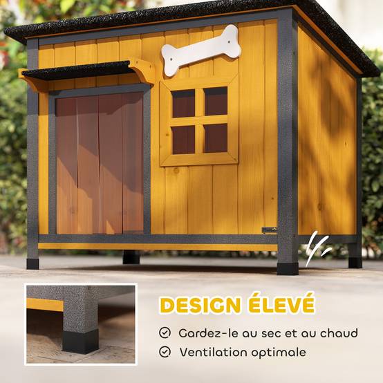 ComfortXL - Niche pour chien extérieure en bois de sapin et acier jaune 84,5 x 62 x 65 cm avec toit ouvrant et bac coulissant - Image 7
