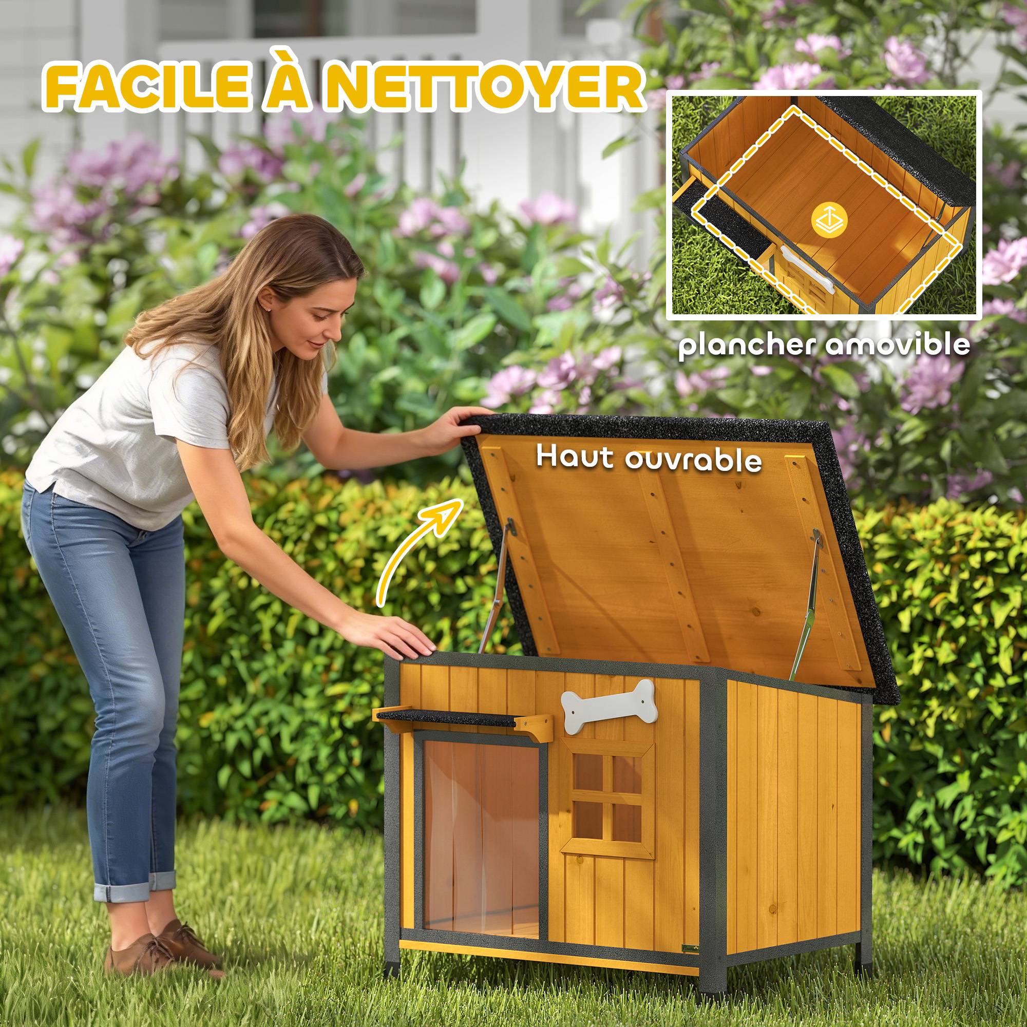 ComfortXL - Niche pour chien extérieure en bois de sapin et acier jaune 84,5 x 62 x 65 cm avec toit ouvrant et bac coulissant - Image 6