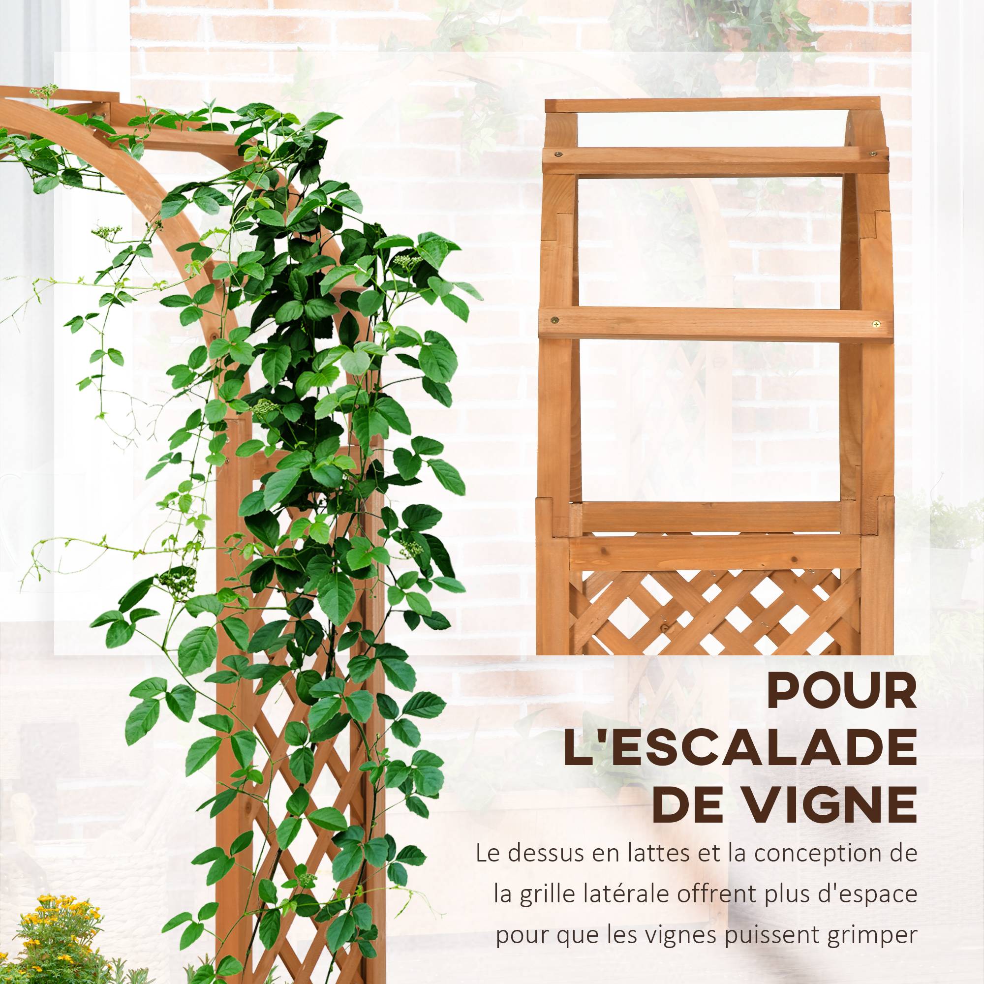 Sans Marque - Jardinière rectangulaire sur pied avec treillis et arche - 83 x 36 x 152 cm - fond à lattes - bois sapin pré-huilé - Image 6