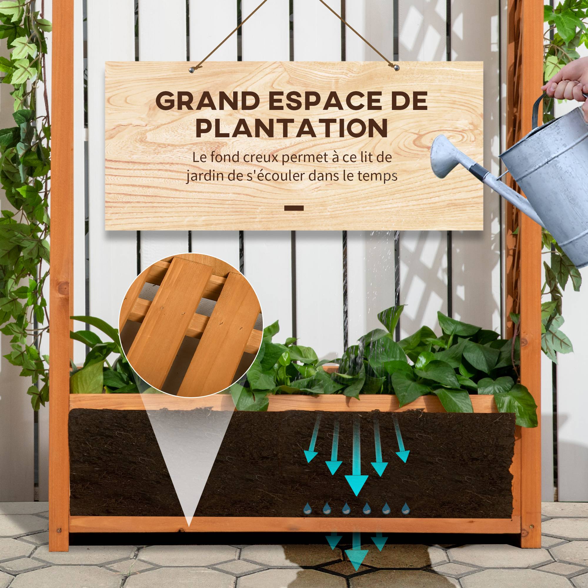 Sans Marque - Jardinière rectangulaire sur pied avec treillis et arche - 83 x 36 x 152 cm - fond à lattes - bois sapin pré-huilé - Image 7