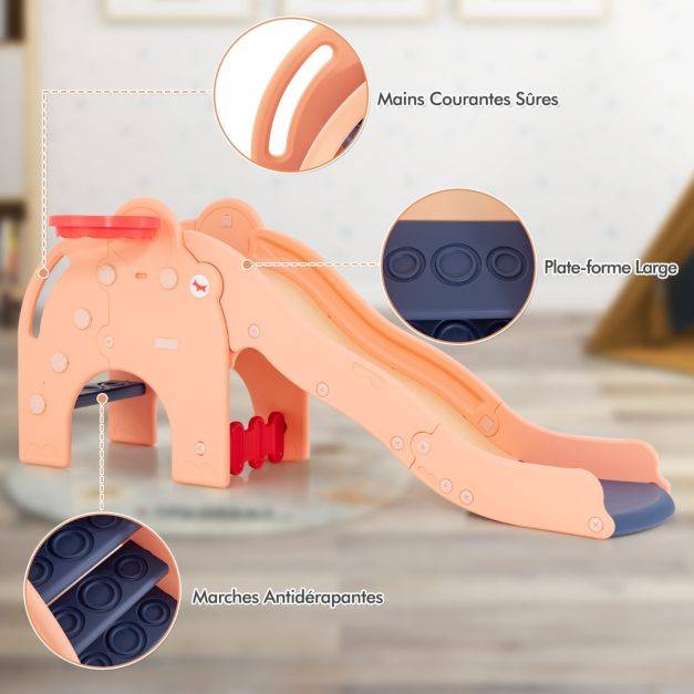 Helloshop26 - Toboggan de jeu pour enfants en forme d'éléphant toboggan 4 en 1 avec panier et ballon de basket-bal zone tampon narches antidérapantes pour enfants - Image 1
