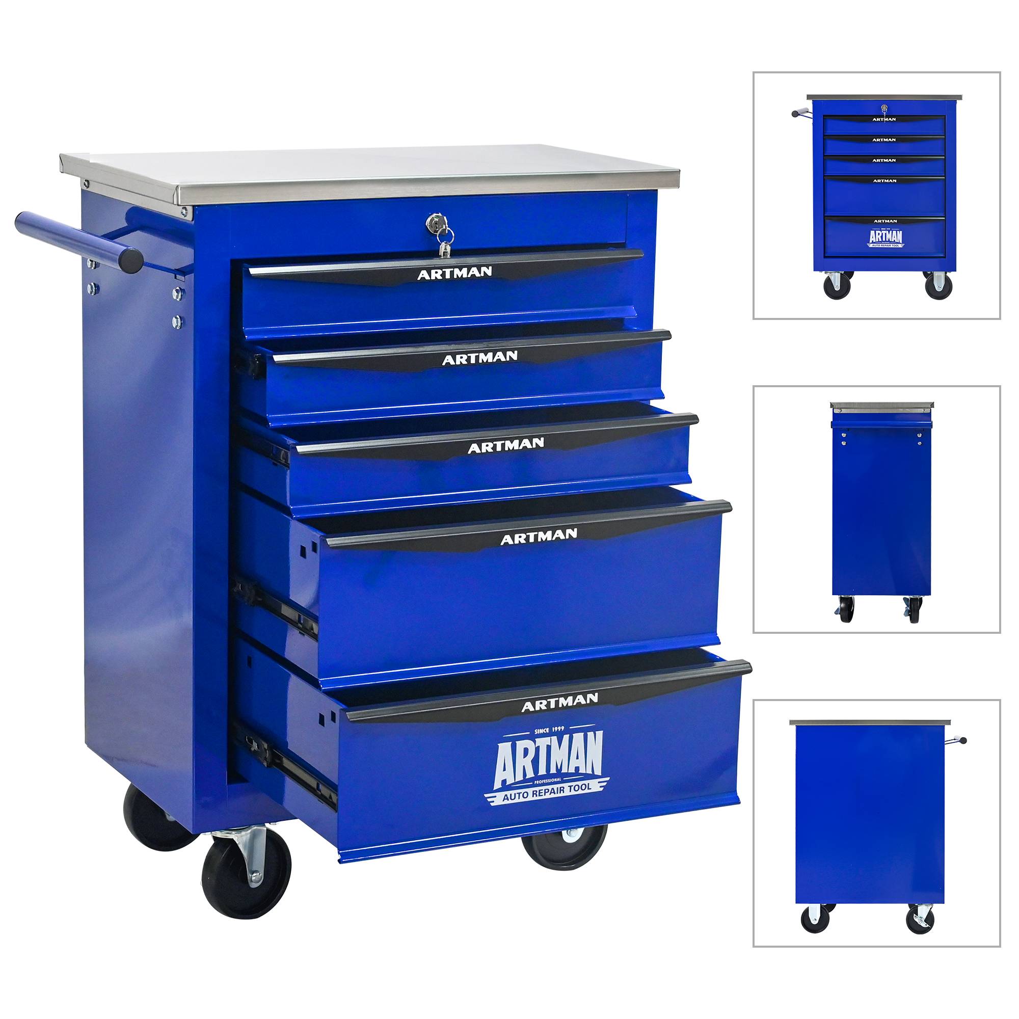 Servante Atelier Acier Garage 5 Tiroirs Rangement Outillage Mobile Noir Bleu - ComfortXL Outdoor Living - Image 6