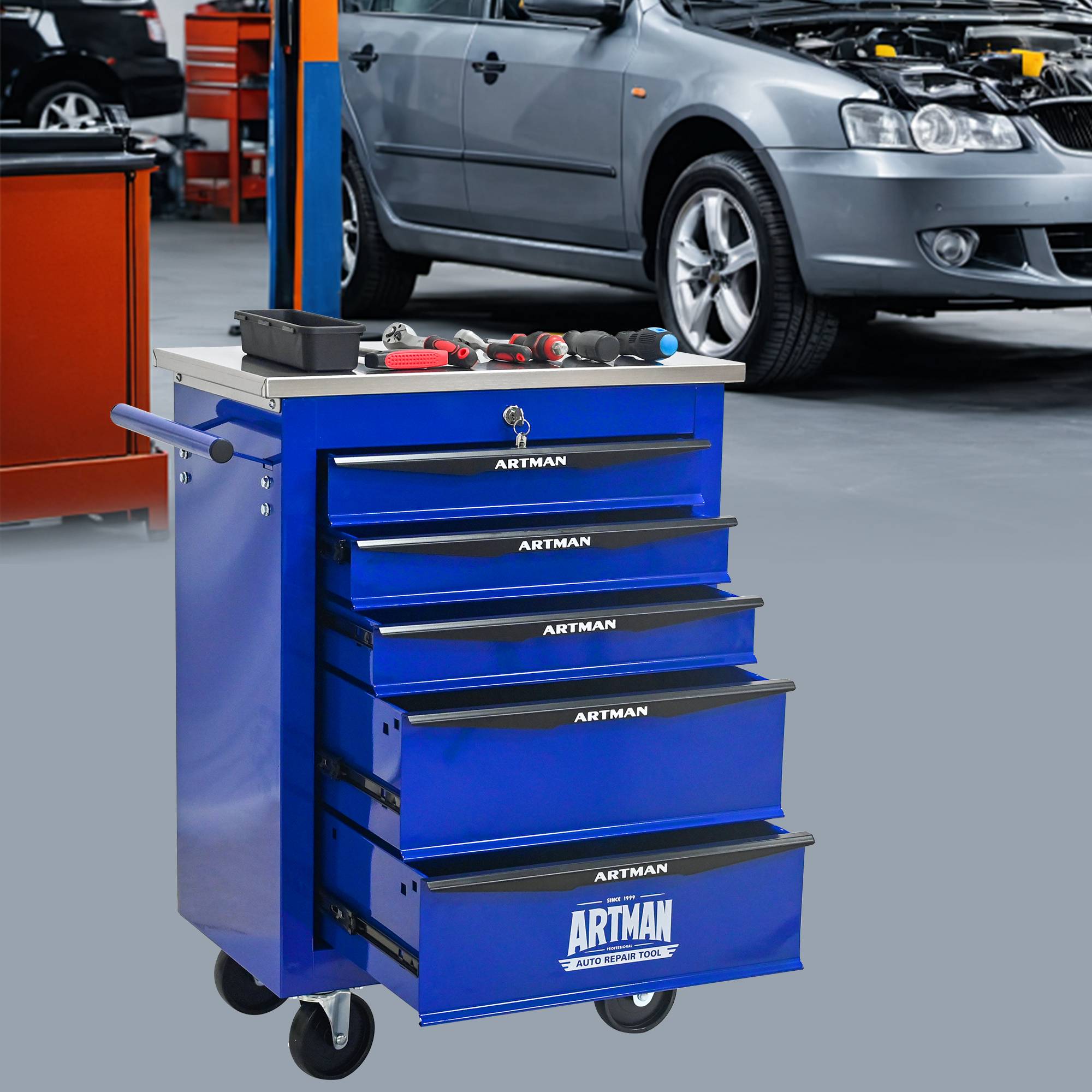 Servante Atelier Acier Garage 5 Tiroirs Rangement Outillage Mobile Noir Bleu - ComfortXL Outdoor Living - Image 1