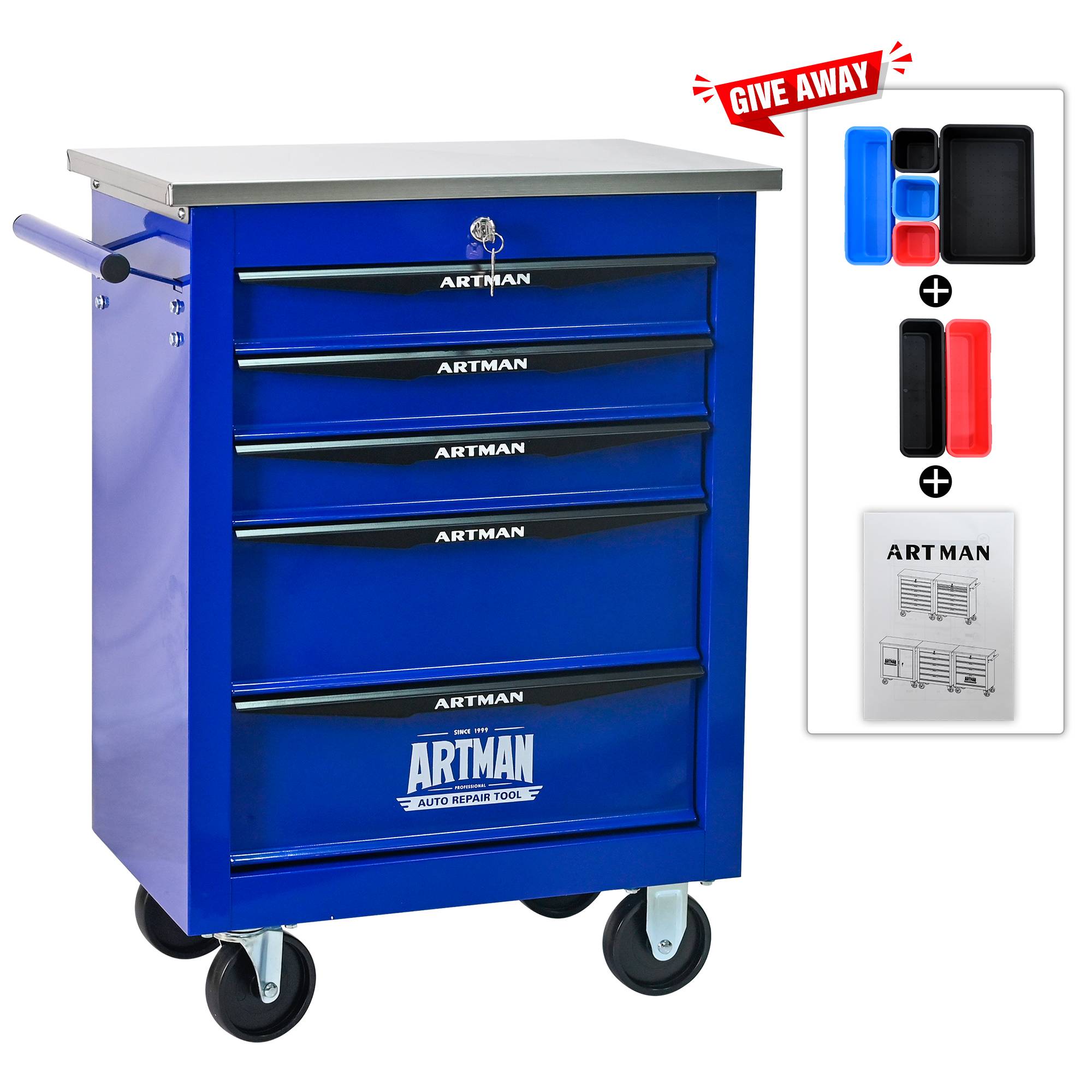 Servante Atelier Acier Garage 5 Tiroirs Rangement Outillage Mobile Noir Bleu - ComfortXL Outdoor Living - Image 7