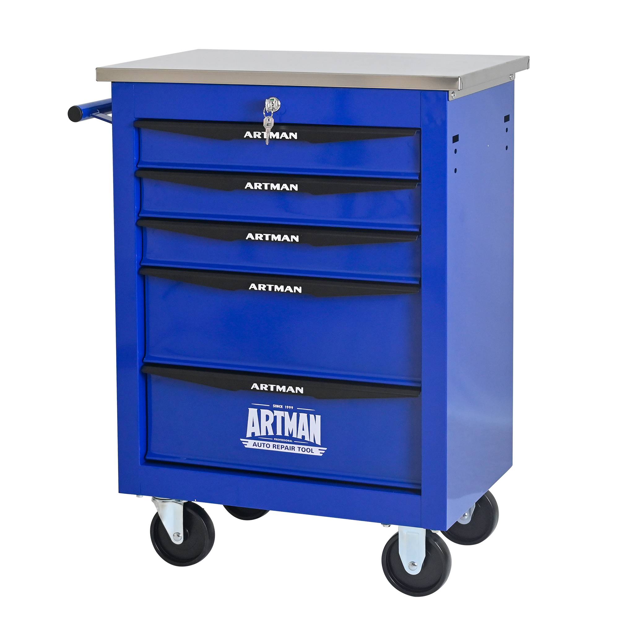 Servante Atelier Acier Garage 5 Tiroirs Rangement Outillage Mobile Noir Bleu - ComfortXL Outdoor Living - Image 2