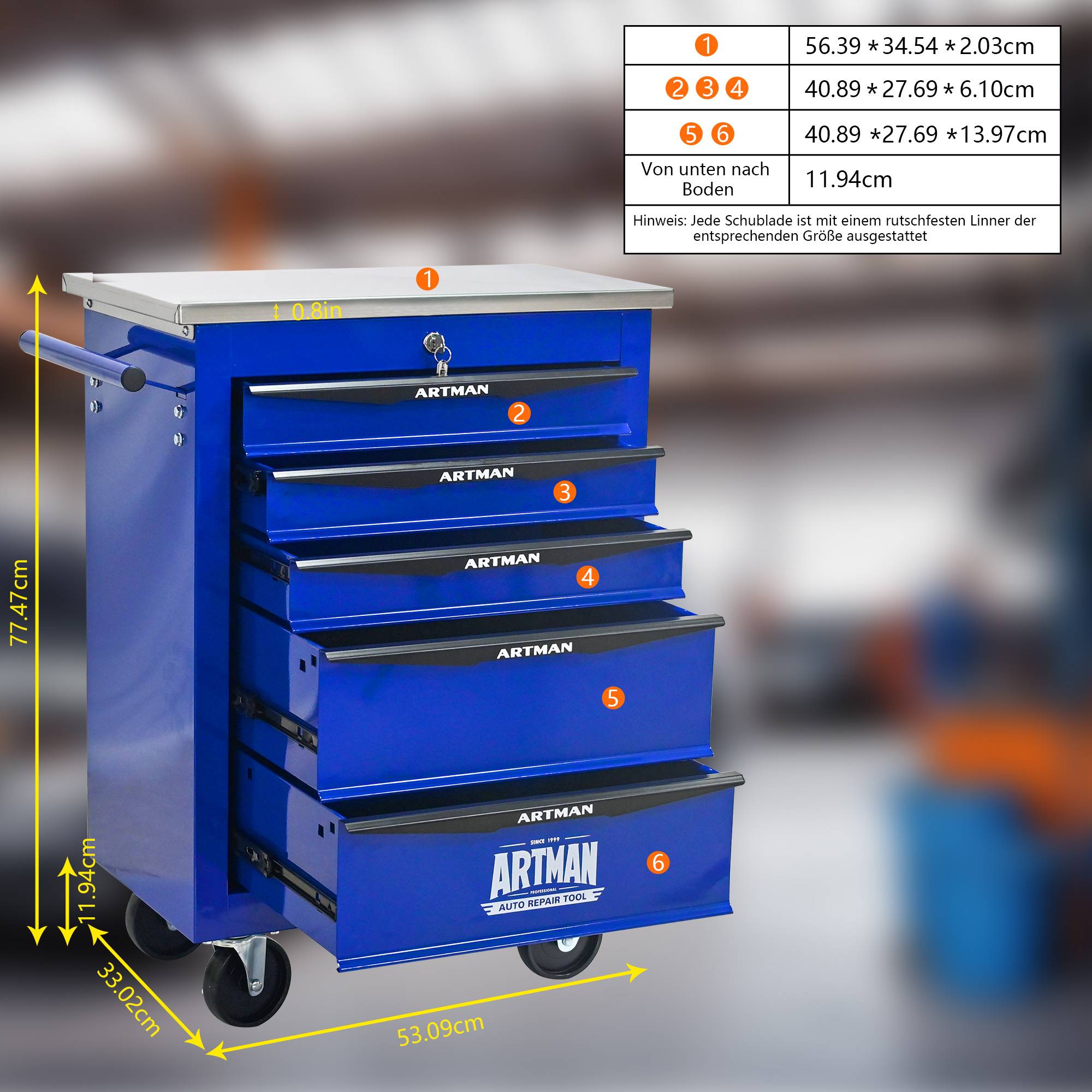 Servante Atelier Acier Garage 5 Tiroirs Rangement Outillage Mobile Noir Bleu - ComfortXL Outdoor Living - Image 3