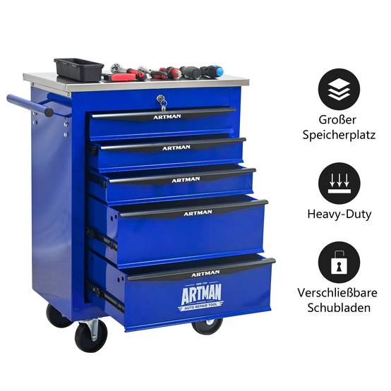 Servante Atelier Acier Garage 5 Tiroirs Rangement Outillage Mobile Noir Bleu - ComfortXL Outdoor Living - Image 8