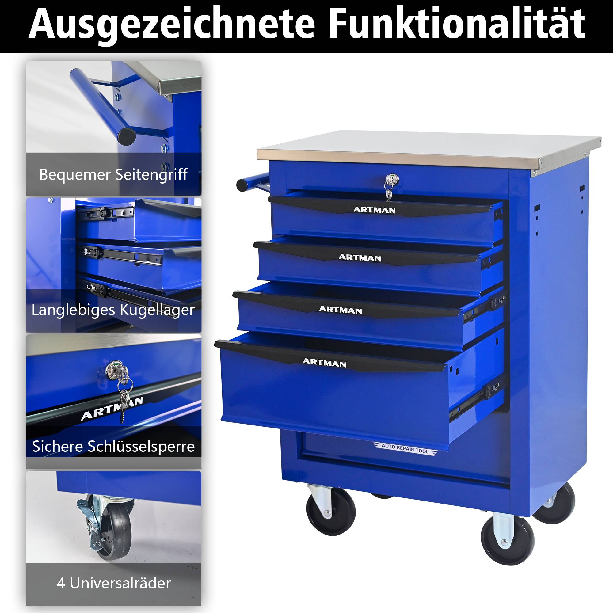 Servante Atelier Acier Garage 5 Tiroirs Rangement Outillage Mobile Noir Bleu - ComfortXL Outdoor Living - Image 4