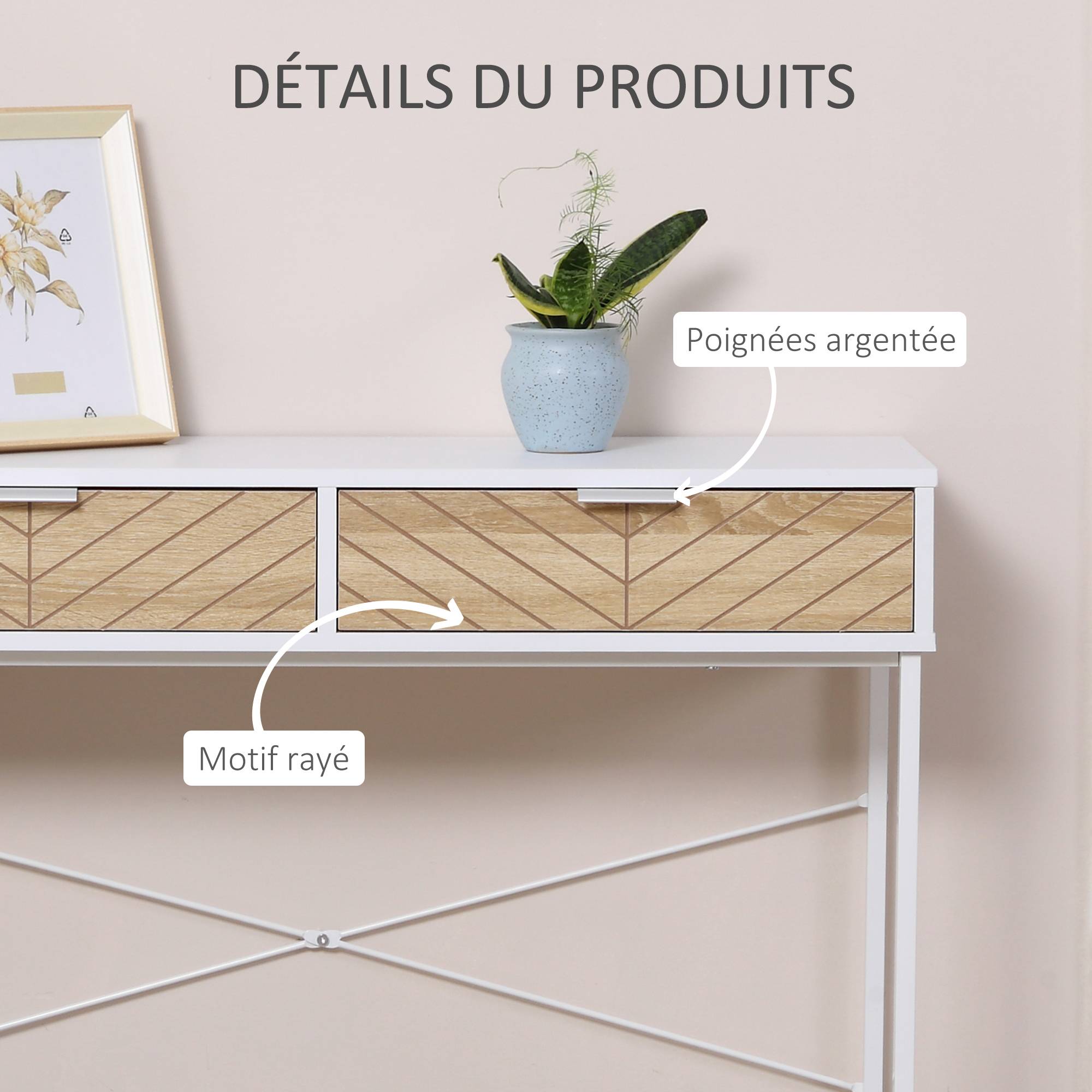 Table Console Industriel 2 tiroirs Aspect Bois de chêne sculpté Motif à Chevrons piètement métal Blanc - Image 8