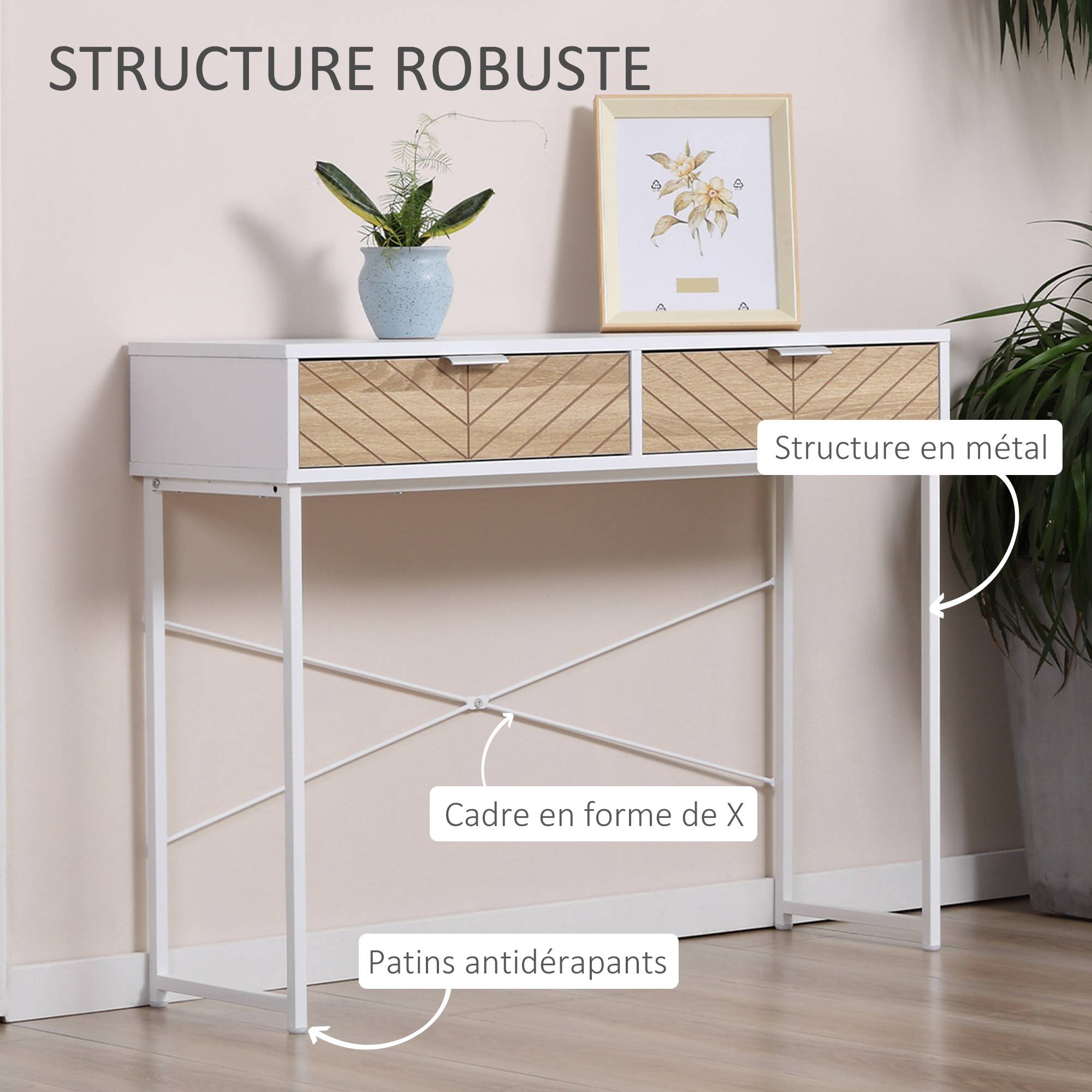 Table Console Industriel 2 tiroirs Aspect Bois de chêne sculpté Motif à Chevrons piètement métal Blanc - Image 7