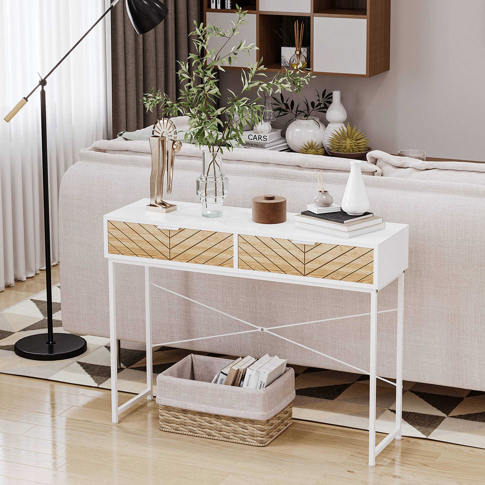 Table Console Industriel 2 tiroirs Aspect Bois de chêne sculpté Motif à Chevrons piètement métal Blanc - Image 10