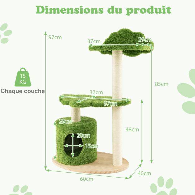 Helloshop26 - Arbre à chat 97 cm en bois poteau griffoir condo plate-forme perchoir coussin amovible tour d'activités pour chat vert - Image 3