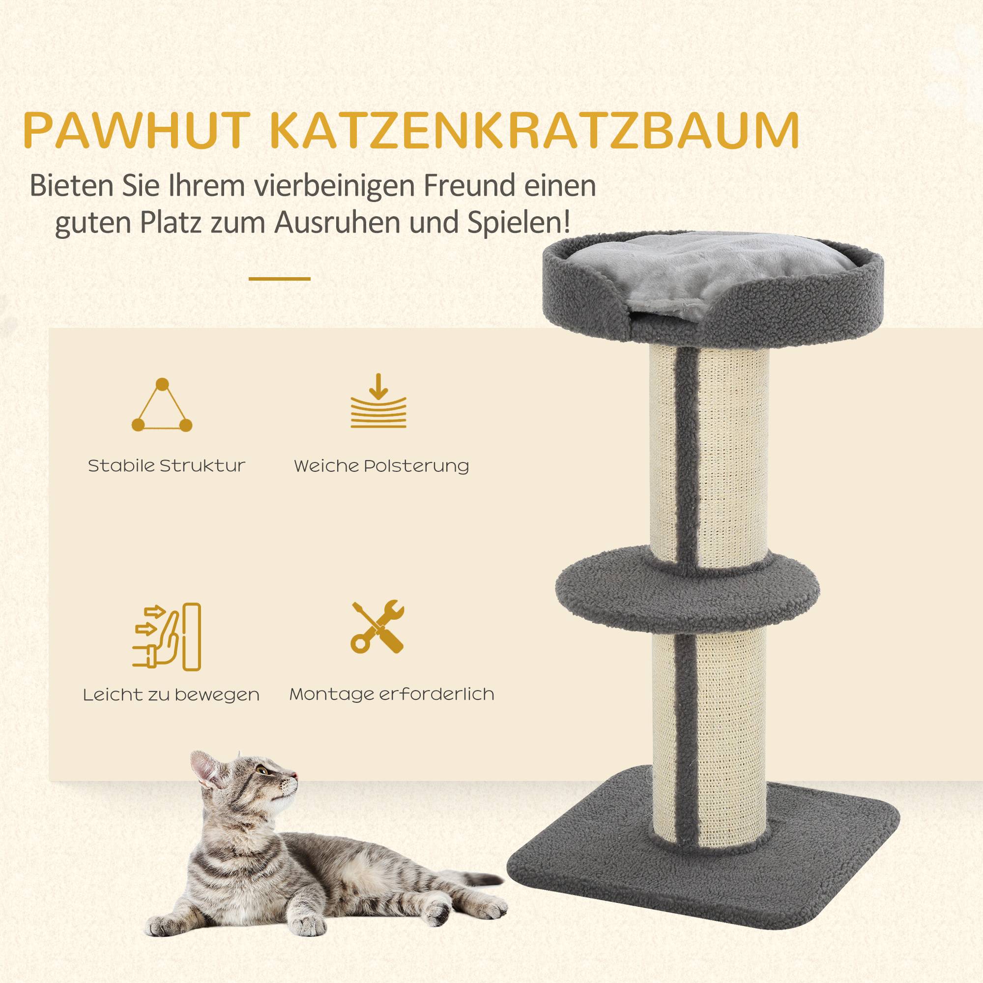 Arbre à chat laine sisal pour chats moyens tour multiniveaux 45x45x91 cm gris - ComfortXL Outdoor Living - Image 6