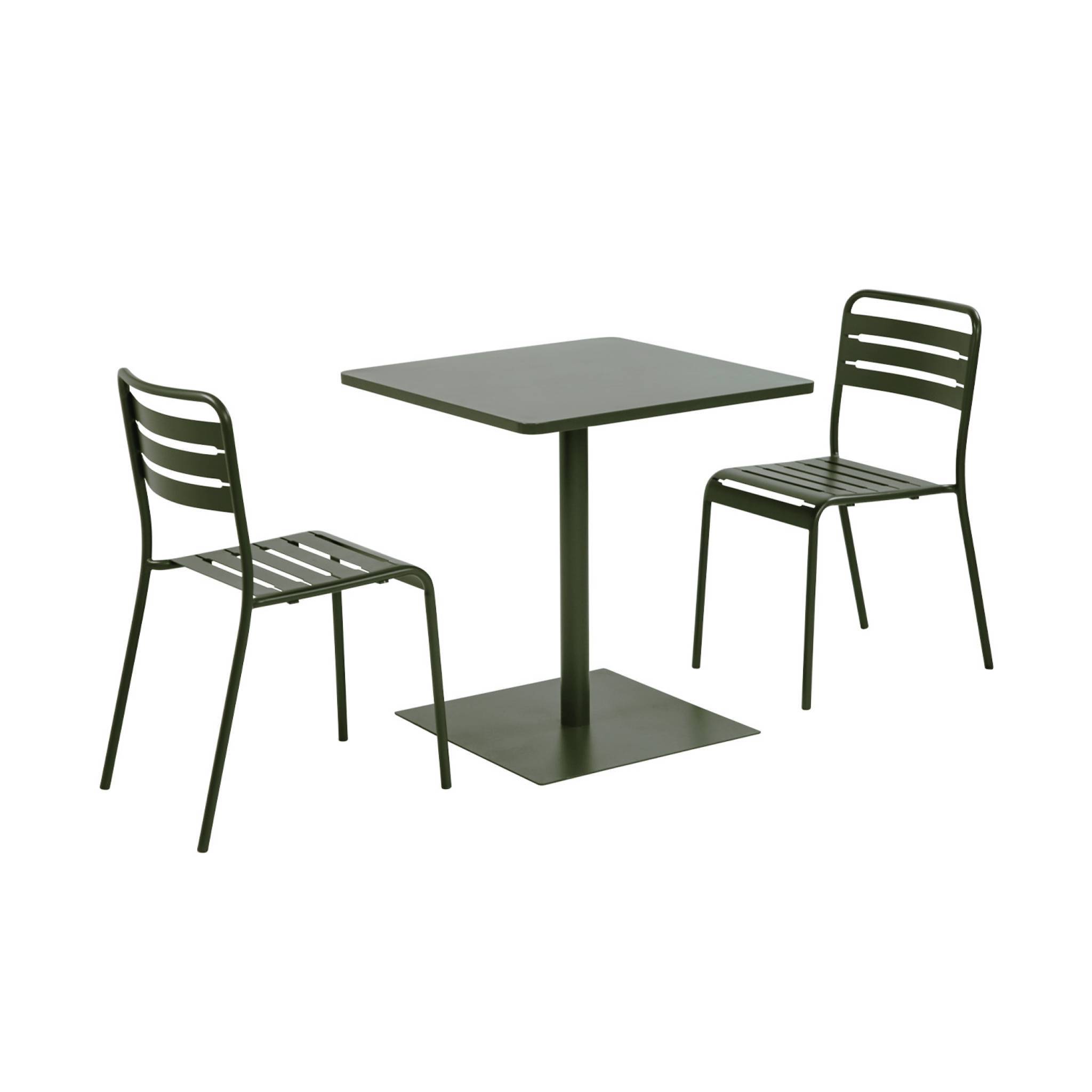 sweeek - Table de jardin bistrot carré acier + 2 assises 70 cm kaki - Orea + Amélia | sweeek - Image 2