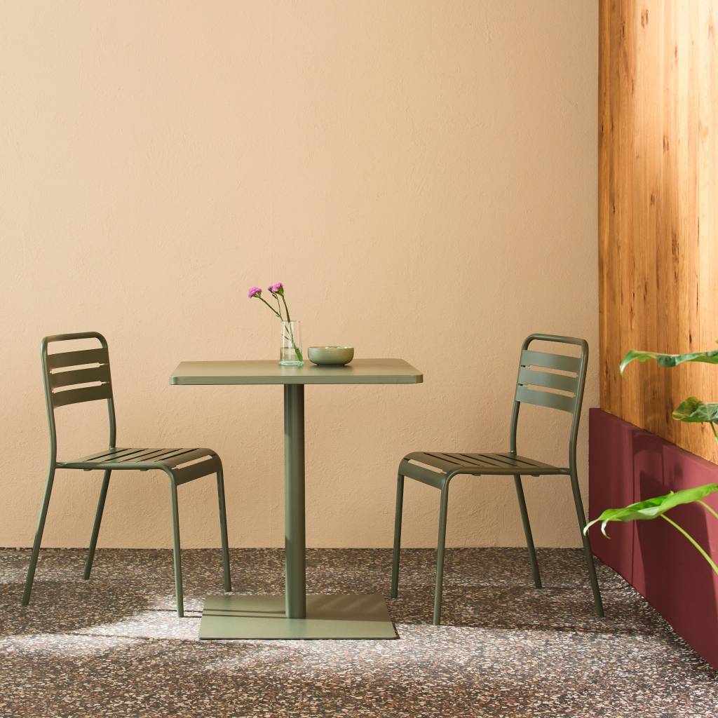 sweeek - Table de jardin bistrot carré acier + 2 assises 70 cm kaki - Orea + Amélia | sweeek - Image 1