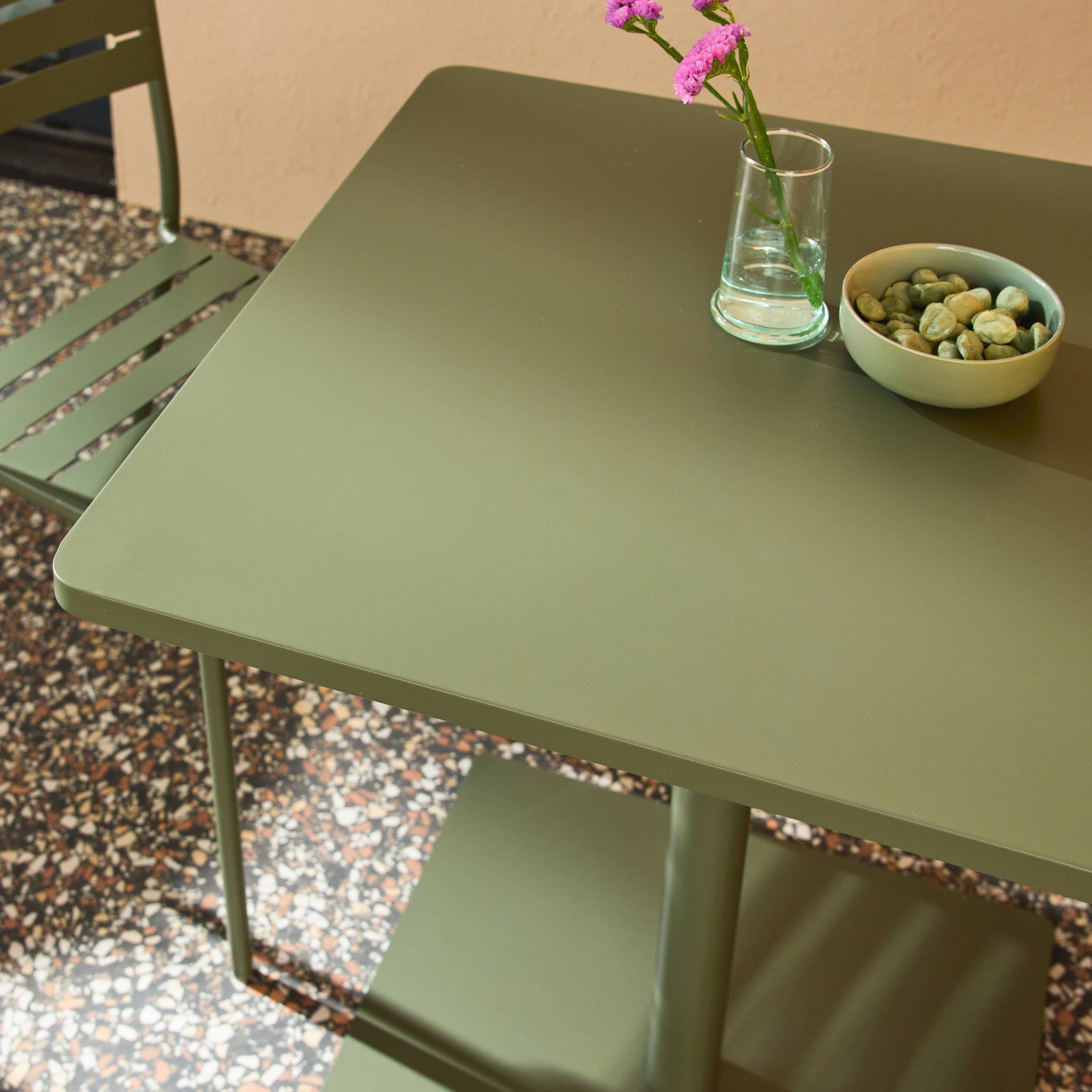sweeek - Table de jardin bistrot carré acier + 2 assises 70 cm kaki - Orea + Amélia | sweeek - Image 5