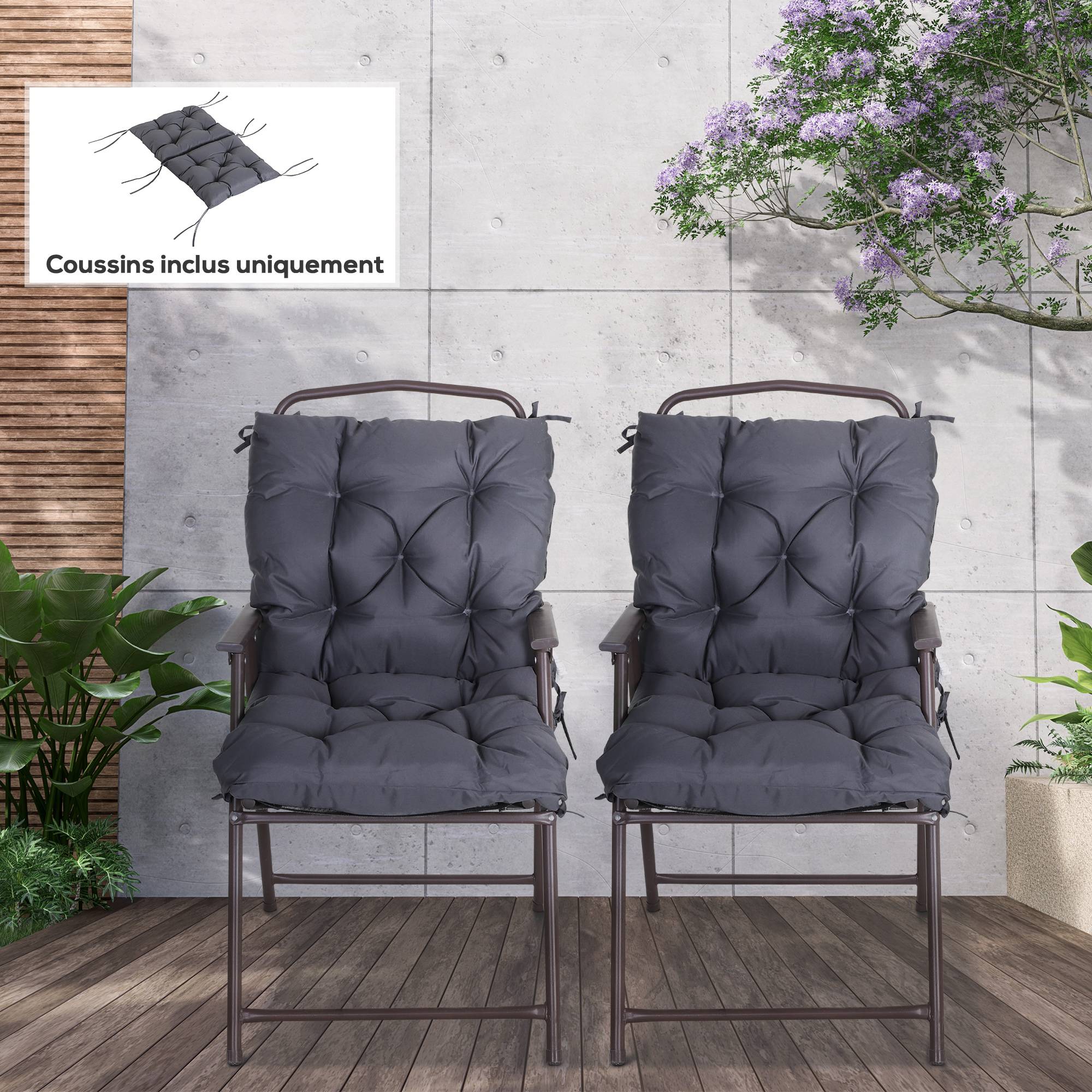 Lot de 2 coussins de chaise d'extérieur, galette de chaise avec attaches, coussins de jardin pour terrasse ou balcon, 98 x 50 x 8 cm, gris - Image 4