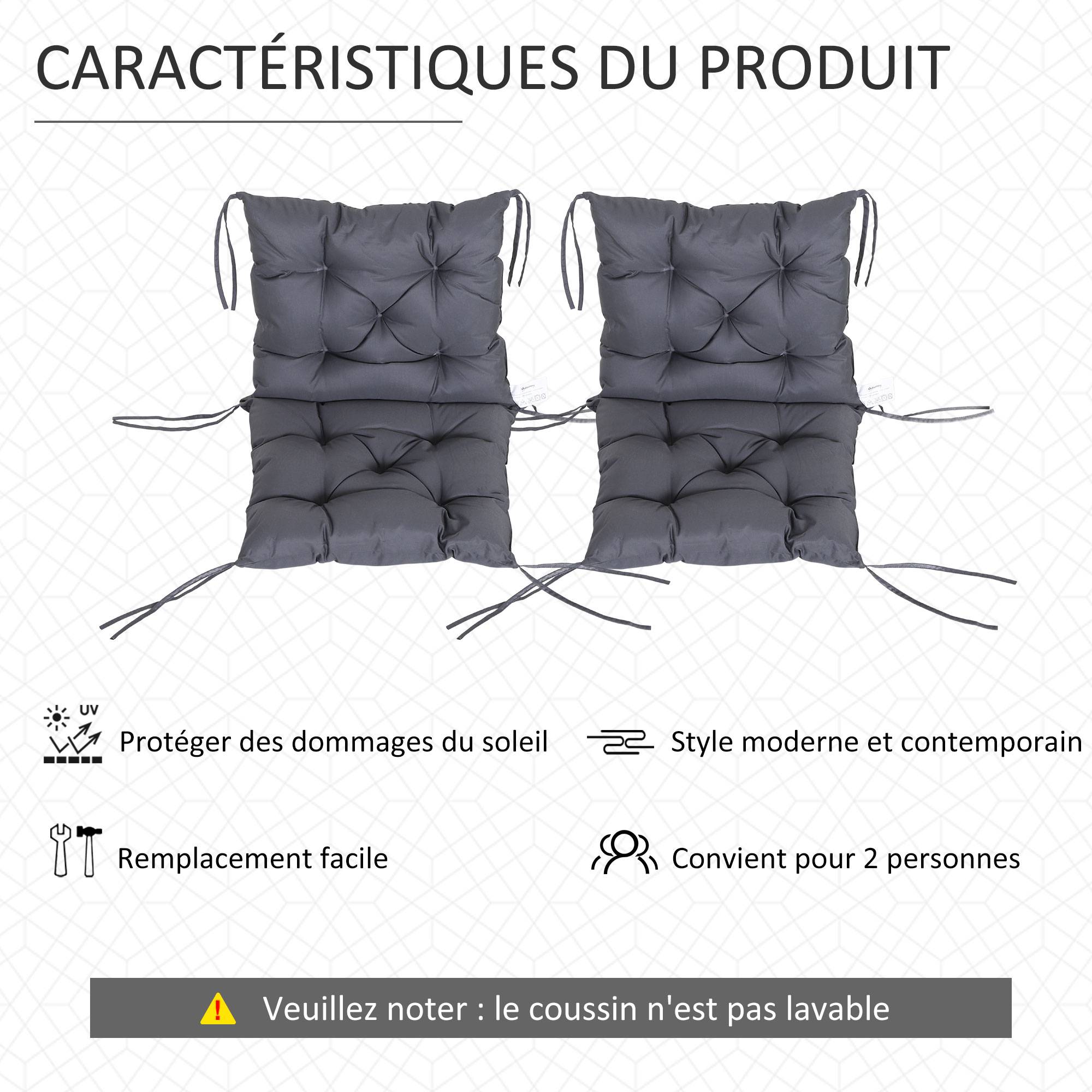 Lot de 2 coussins de chaise d'extérieur, galette de chaise avec attaches, coussins de jardin pour terrasse ou balcon, 98 x 50 x 8 cm, gris - Image 8