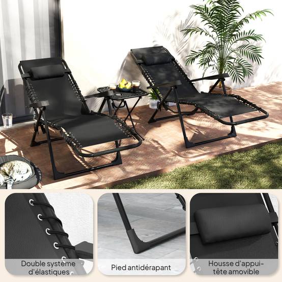 Lot 2 fauteuils relax textilène extérieur gravité zéro avec table basse gris - ComfortXL Outdoor Living - Image 10