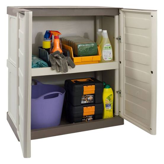 Dmora - Armoire d'extérieur Courtrai, Armoire de balcon polyvalente, Mobilier d'extérieur avec 2 portes, Beige et Marron, 70x39h86 cm, Finition rayée - Dmora - Image 1