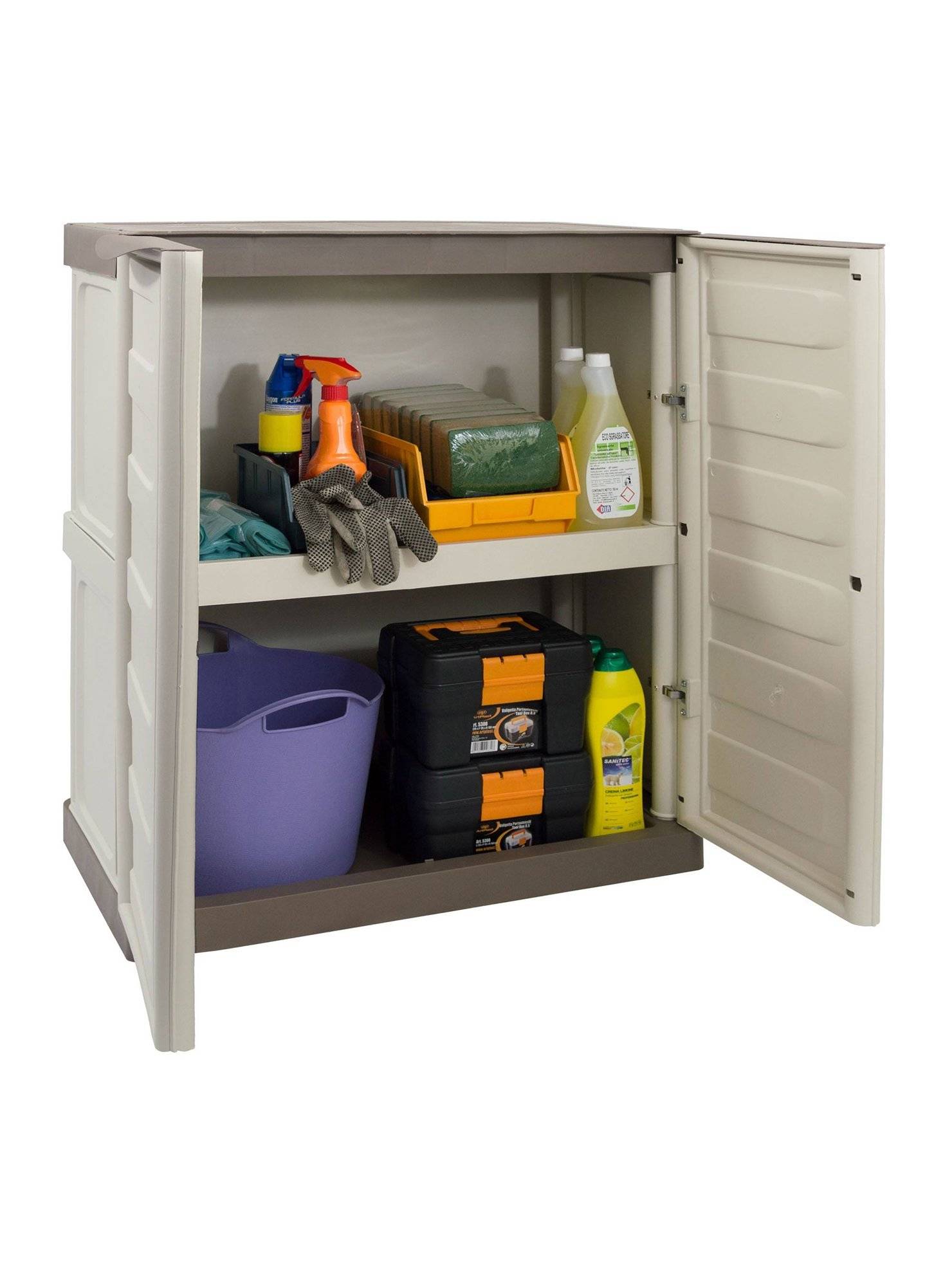 Dmora - Armoire d'extérieur Courtrai, Armoire de balcon polyvalente, Mobilier d'extérieur avec 2 portes, Beige et Marron, 70x39h86 cm, Finition rayée - Dmora - Image 5