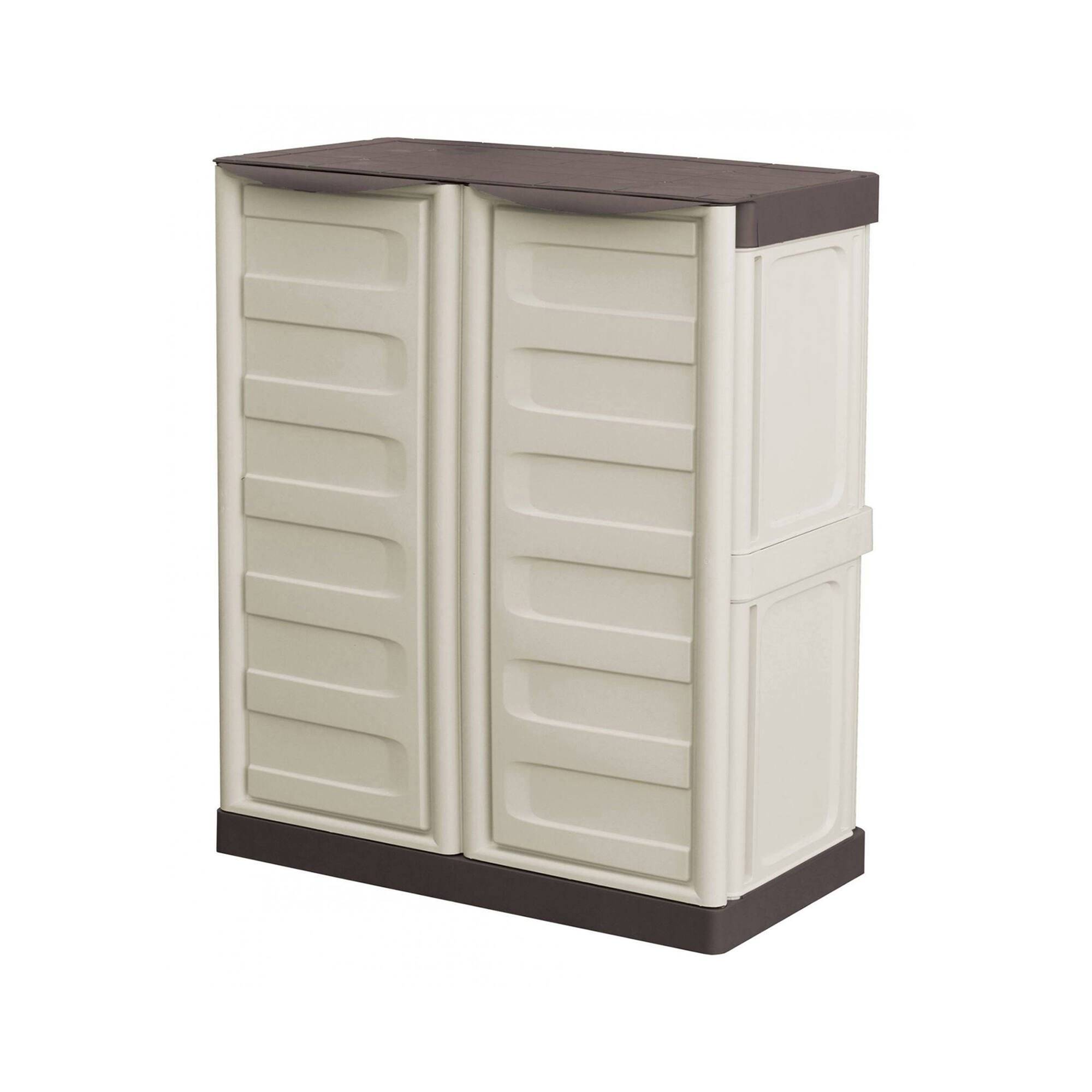 Dmora - Armoire d'extérieur Courtrai, Armoire de balcon polyvalente, Mobilier d'extérieur avec 2 portes, Beige et Marron, 70x39h86 cm, Finition rayée - Dmora - Image 1