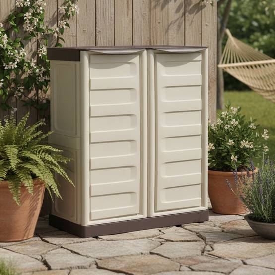 Dmora - Armoire d'extérieur Courtrai, Armoire de balcon polyvalente, Mobilier d'extérieur avec 2 portes, Beige et Marron, 70x39h86 cm, Finition rayée - Dmora - Image 2