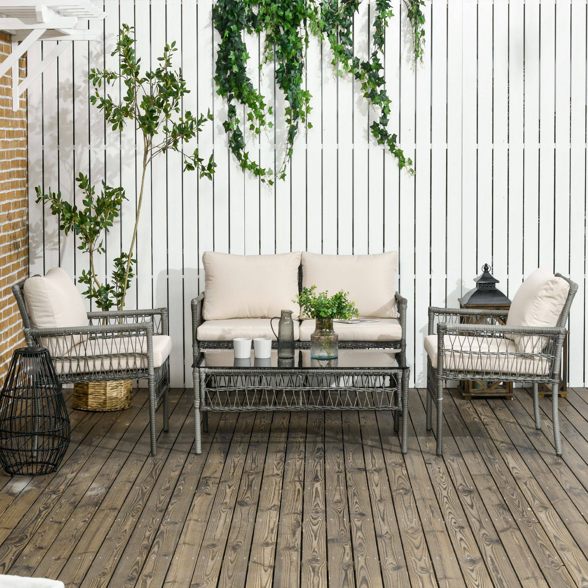 Outsunny - Ensemble salon de jardin 4 personnes 4 pièces - 8 coussins inclus - métal résine aspect rotin - beige gris - Outsunny - Image 7
