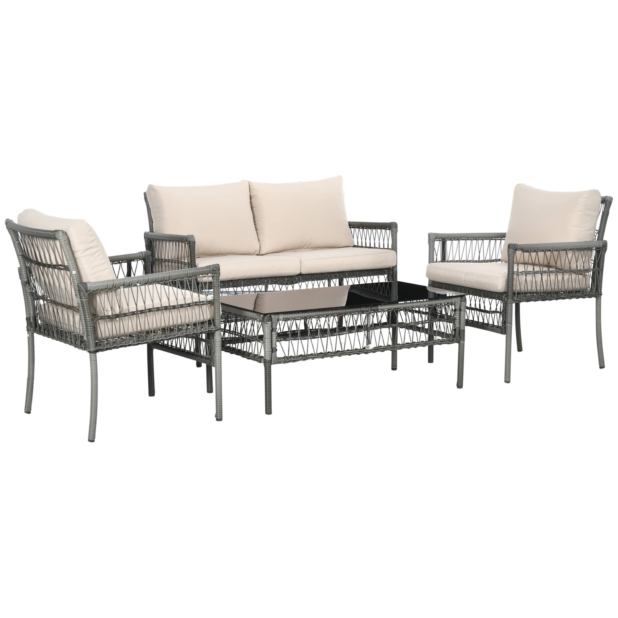 Outsunny - Ensemble salon de jardin 4 personnes 4 pièces - 8 coussins inclus - métal résine aspect rotin - beige gris - Outsunny - Image 1