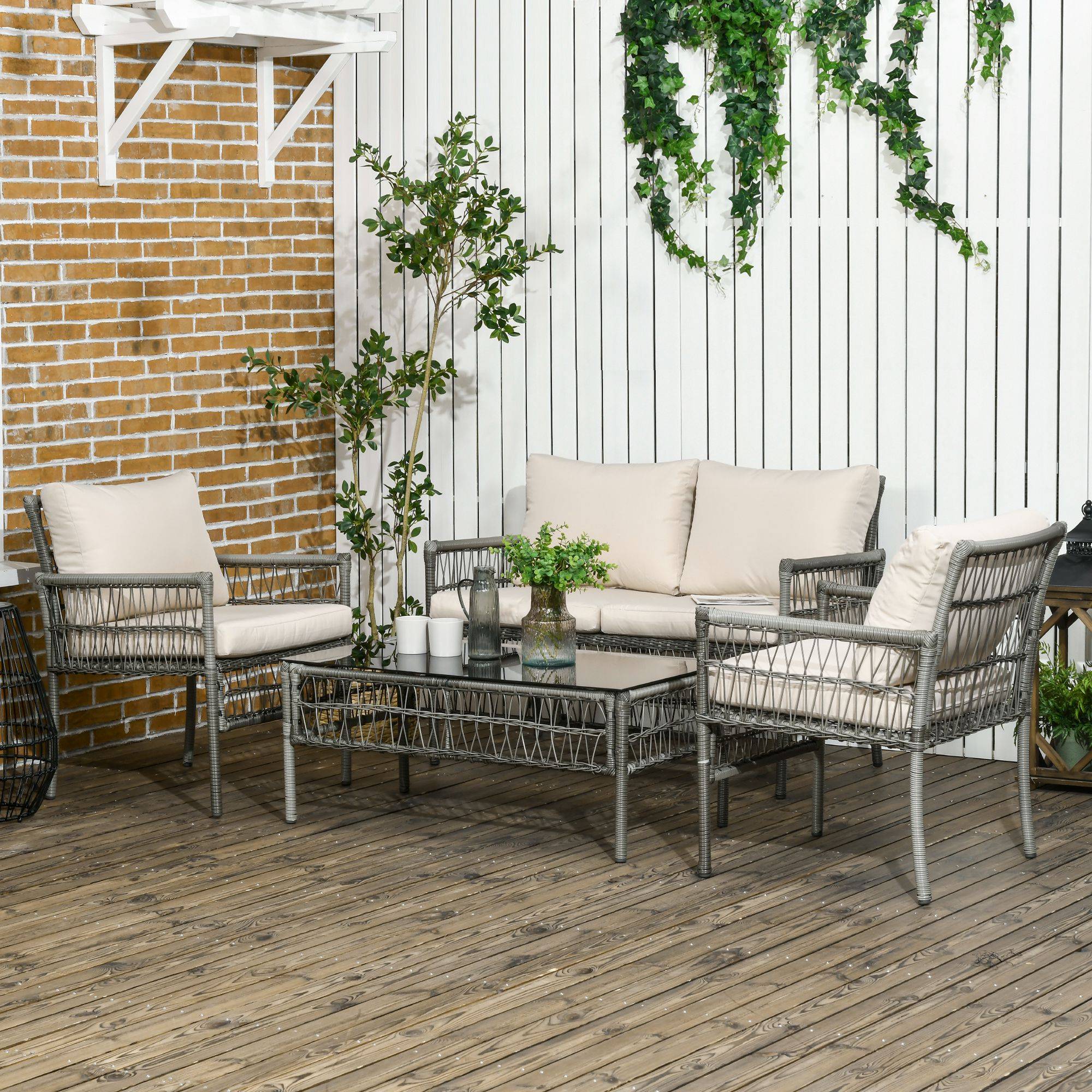 Outsunny - Ensemble salon de jardin 4 personnes 4 pièces - 8 coussins inclus - métal résine aspect rotin - beige gris - Outsunny - Image 2