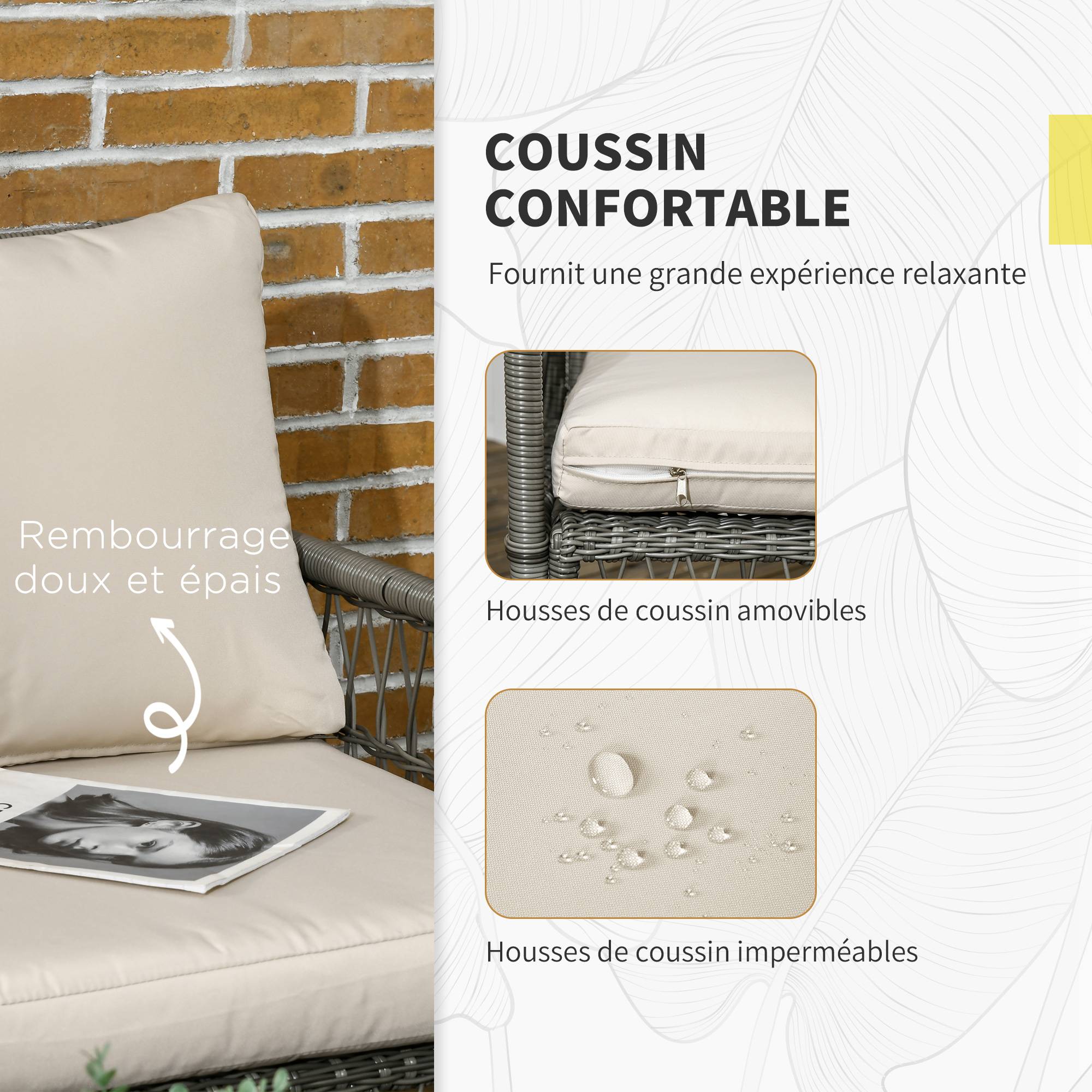 Outsunny - Ensemble salon de jardin 4 personnes 4 pièces - 8 coussins inclus - métal résine aspect rotin - beige gris - Outsunny - Image 5