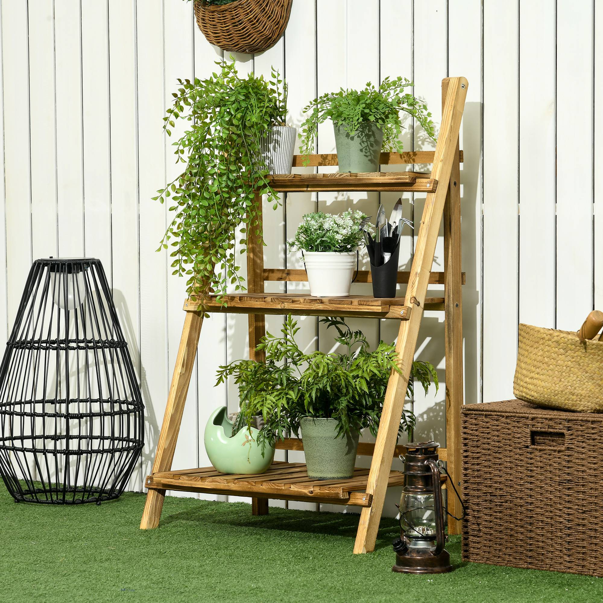 Étagère à plantes en bois forme pyramidale échelle pliante avec 3 étagères 60 x 37 x 93 cm marron - Image 3
